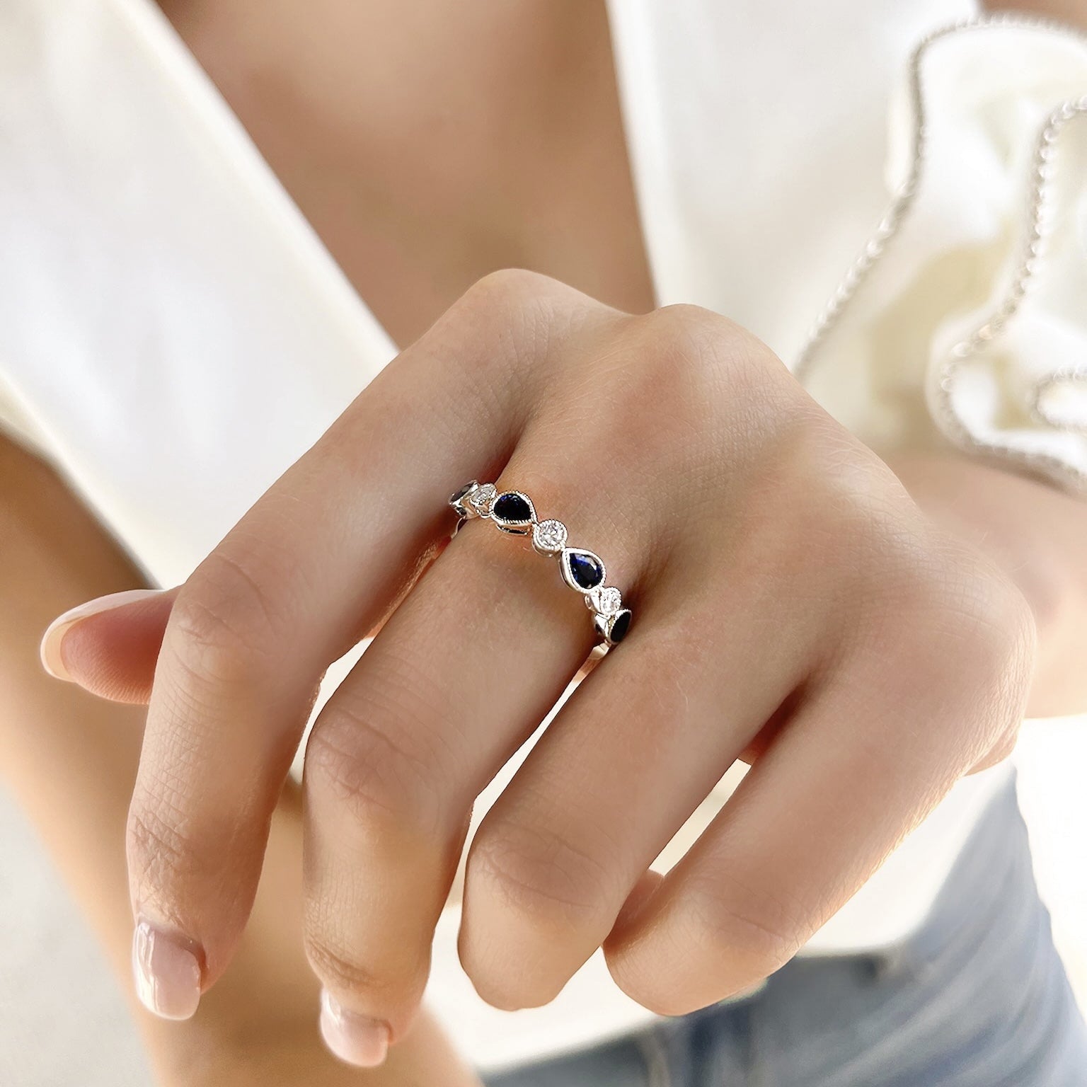 Pear Sapphire and Diamond Bezel Band