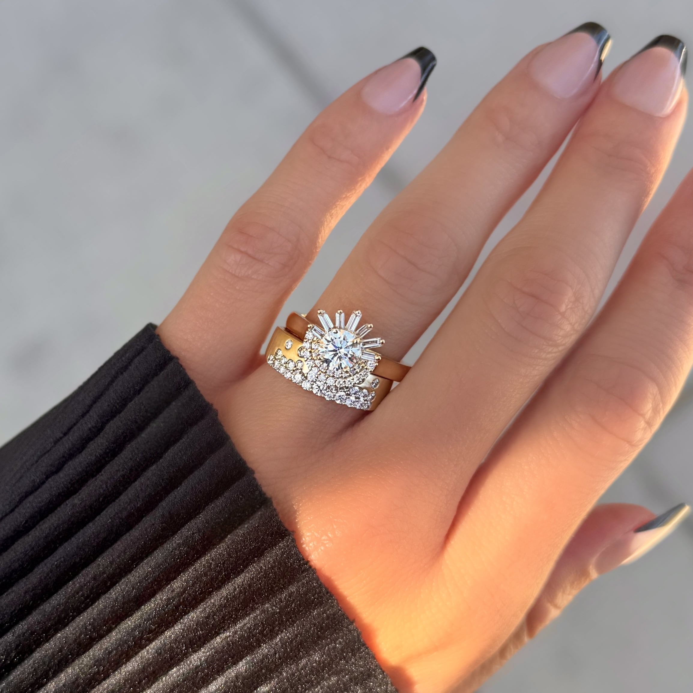 Baguette and Round Diamond Sunrise Ring