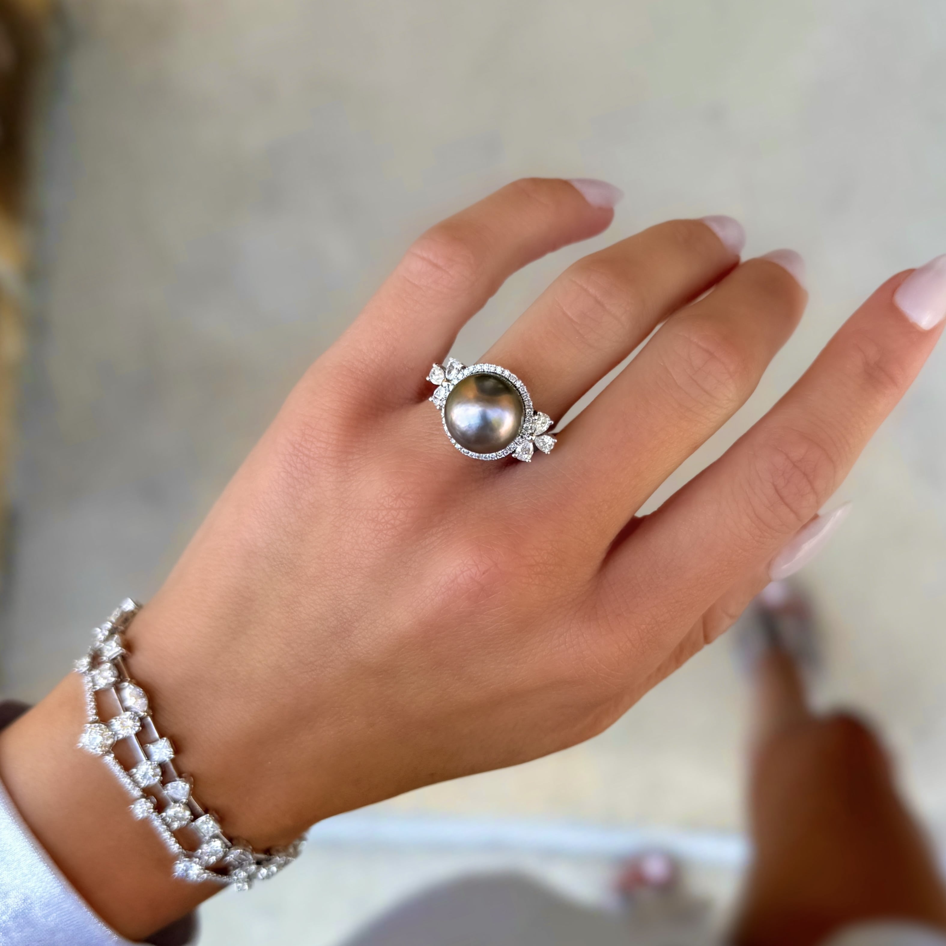 Tahitian Pearl and Diamond Cocktail Ring
