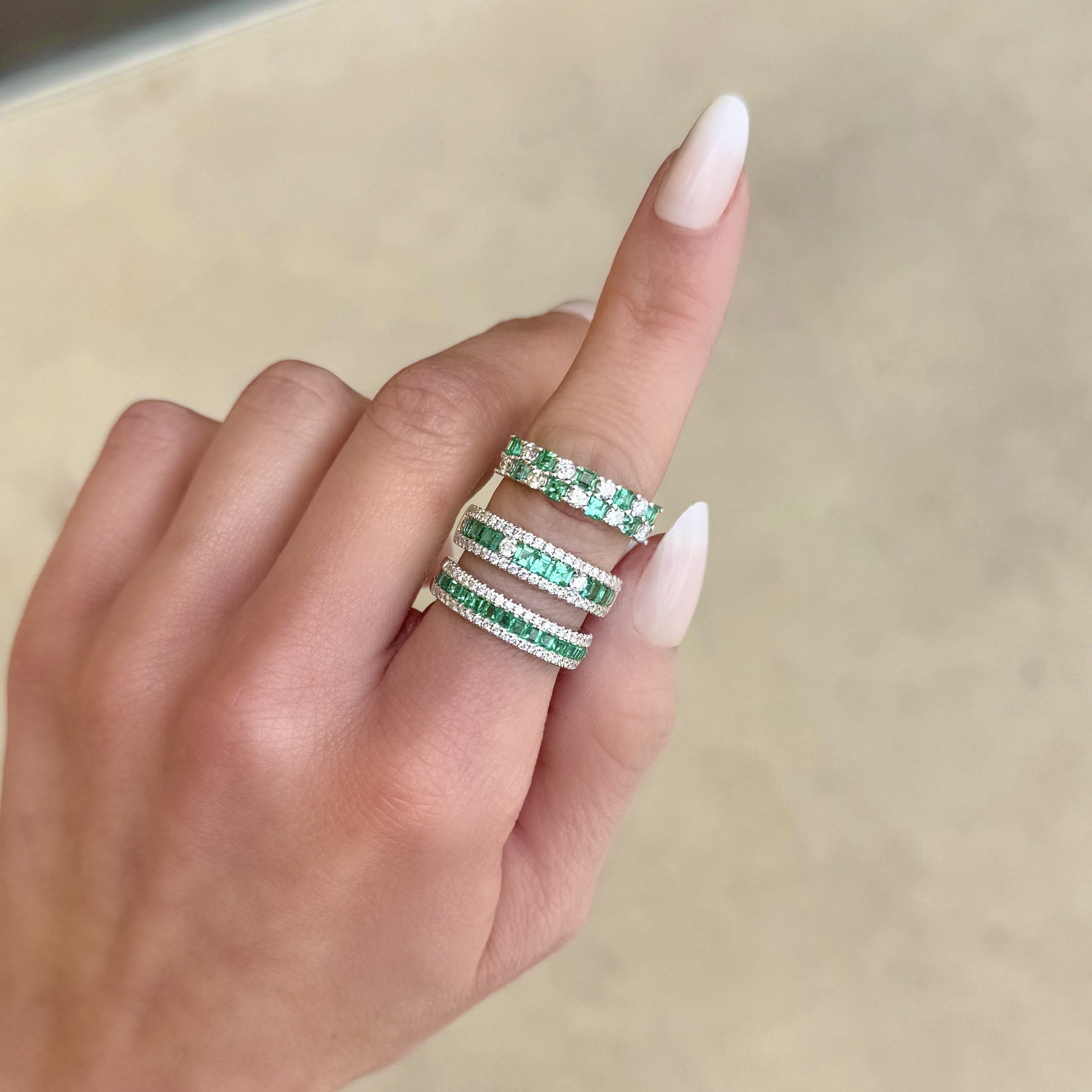 3 Row Diamond and Emerald Ring