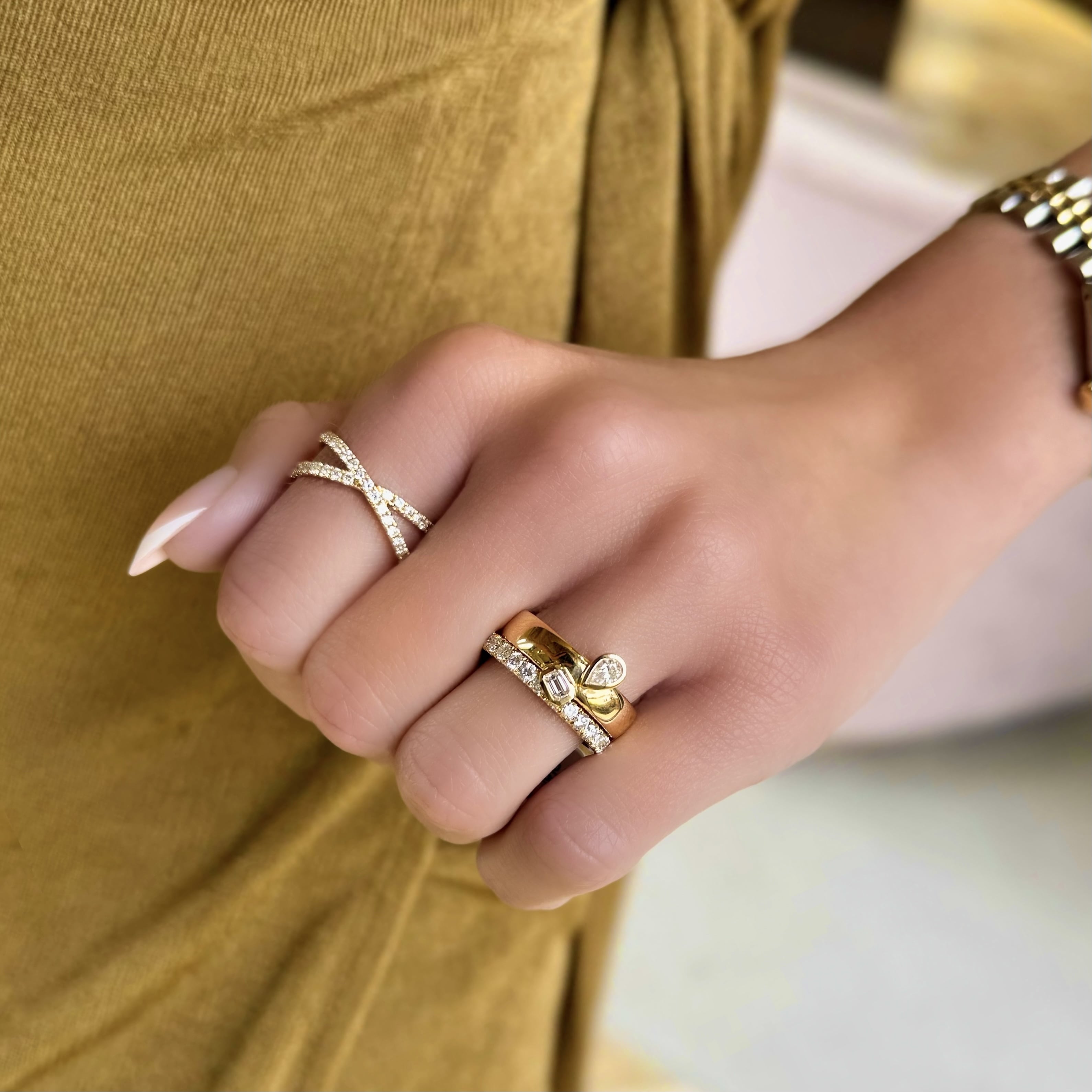Bezel Set Pear and Emerald Cut Diamond Ring