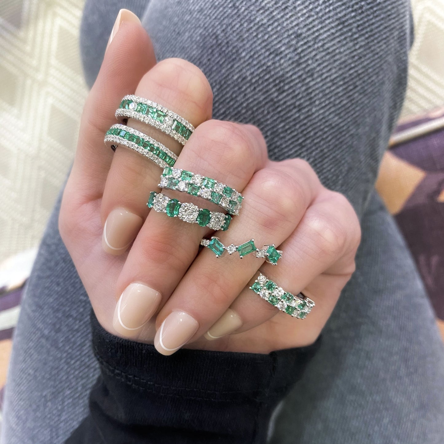 Checkered Emerald and Diamond Row Ring