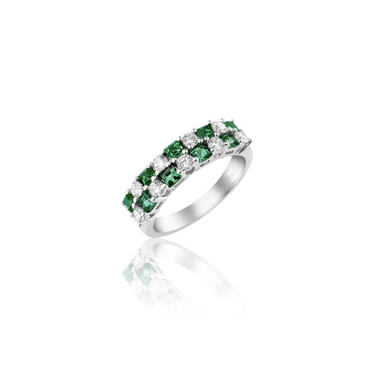 Checkered Emerald and Diamond Row Ring