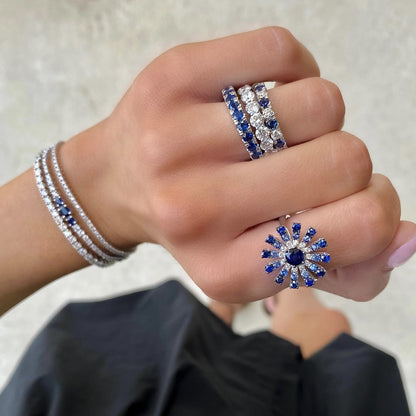 Sapphire and Diamond Flower Burst Ring