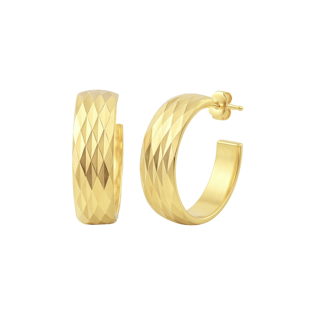 FACETED YELLOW GOLD "C" HOOP EARRINGS