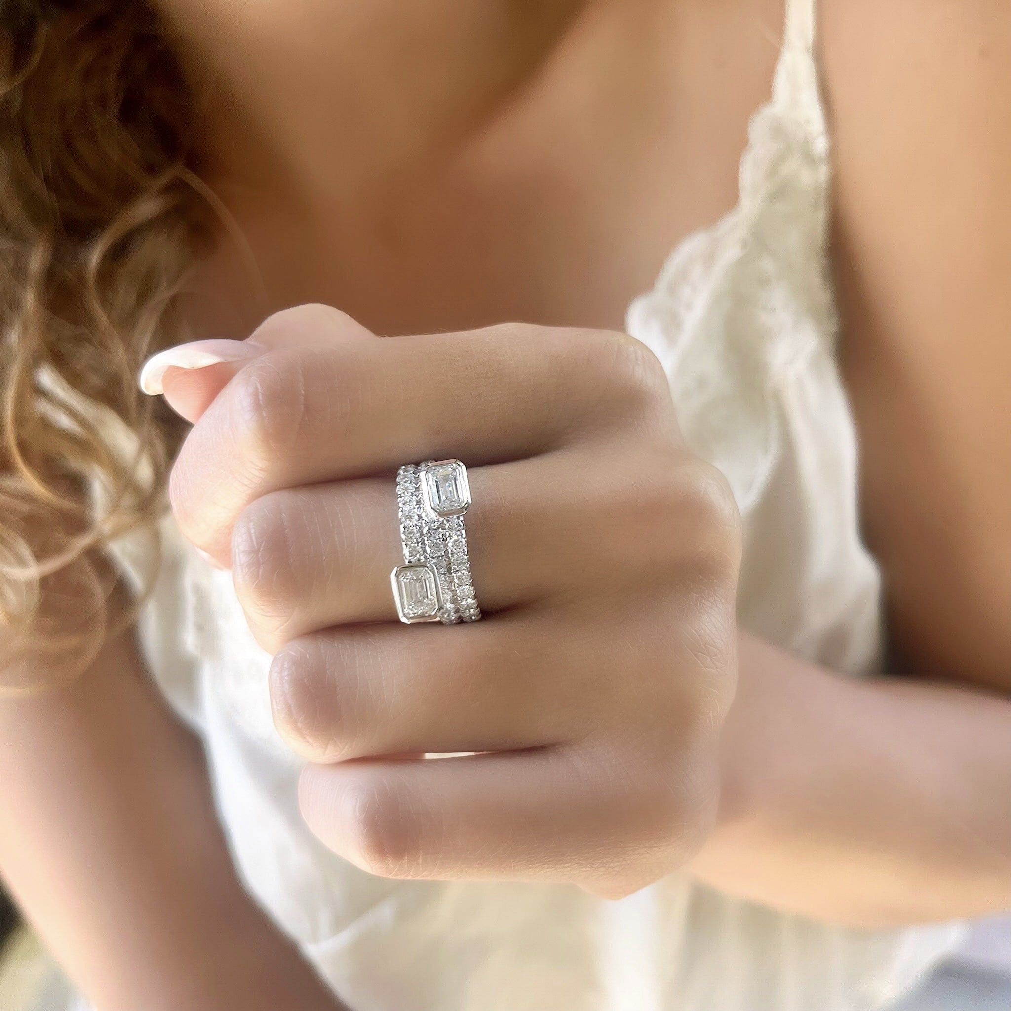 Bezel Set Emerald Cut and Pave Diamond Ring