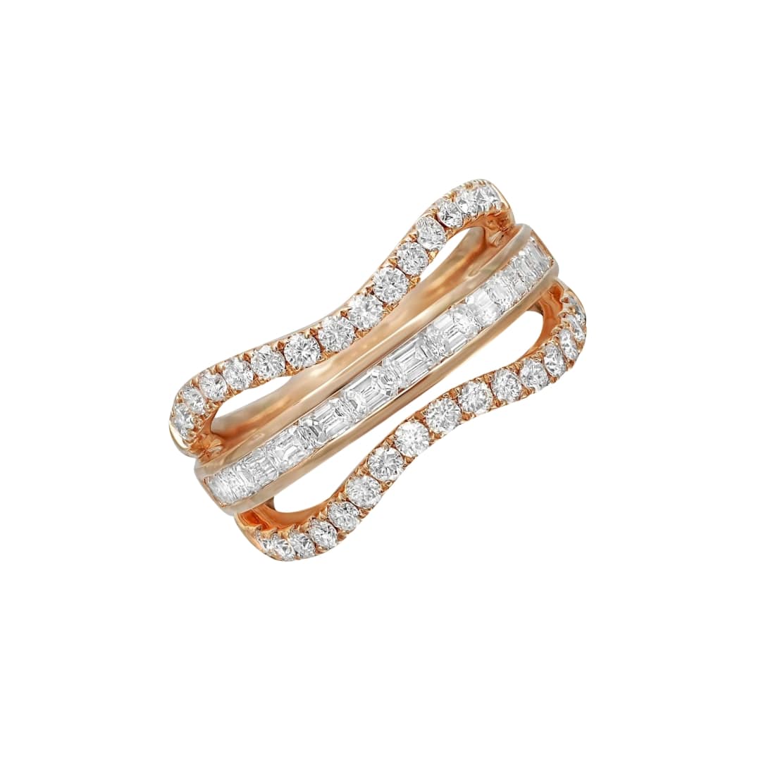 Emerald Cut and Round Diamond Wave Ring