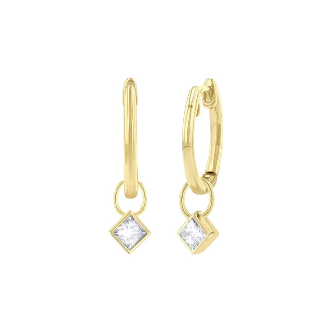Gold Huggies with Princess Cut Diamond Charm