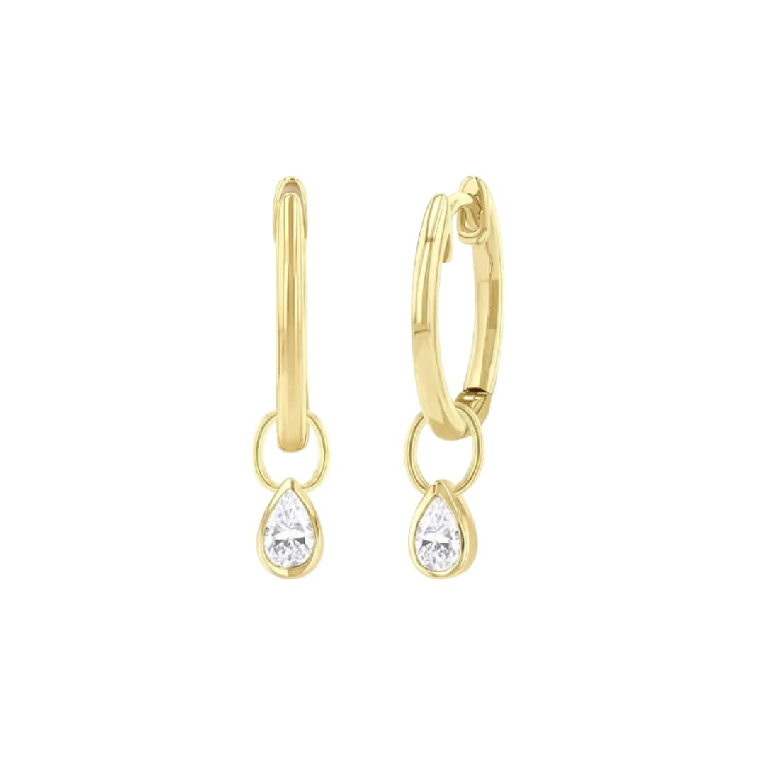 Gold Huggies with Pear Diamond Charm