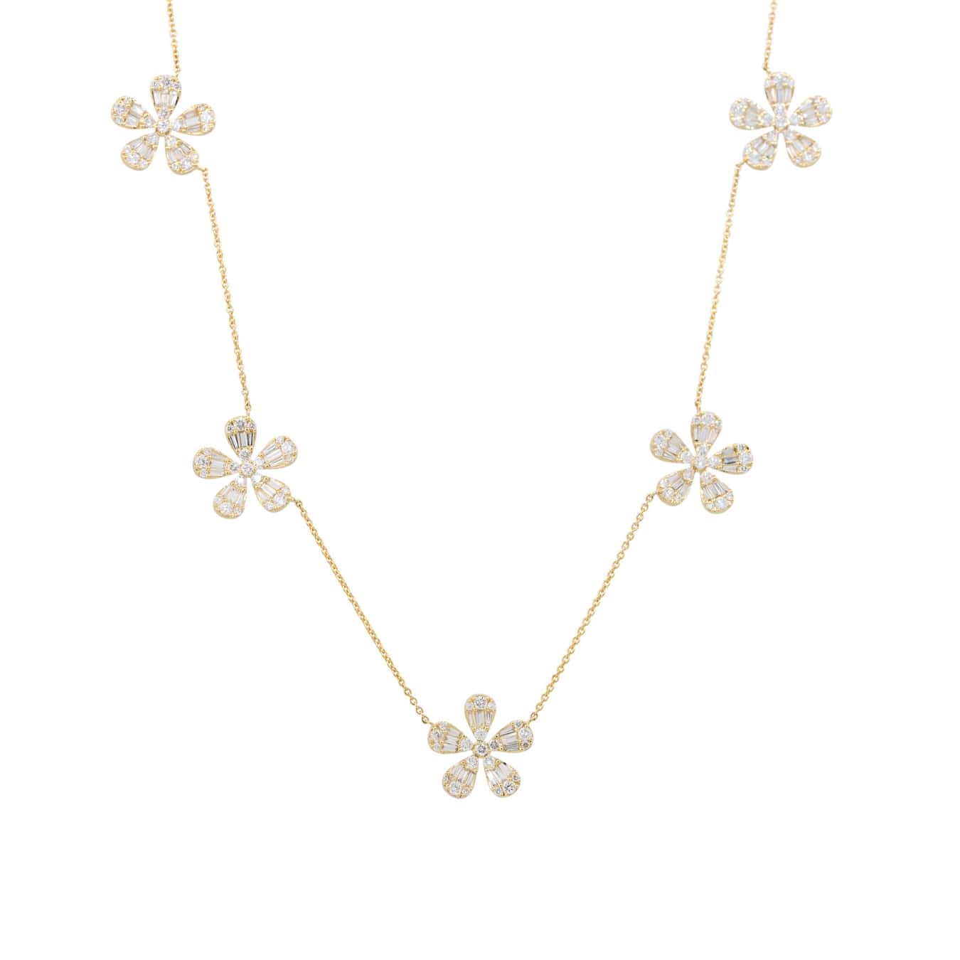 Baguette and Round Diamond Flower Necklace