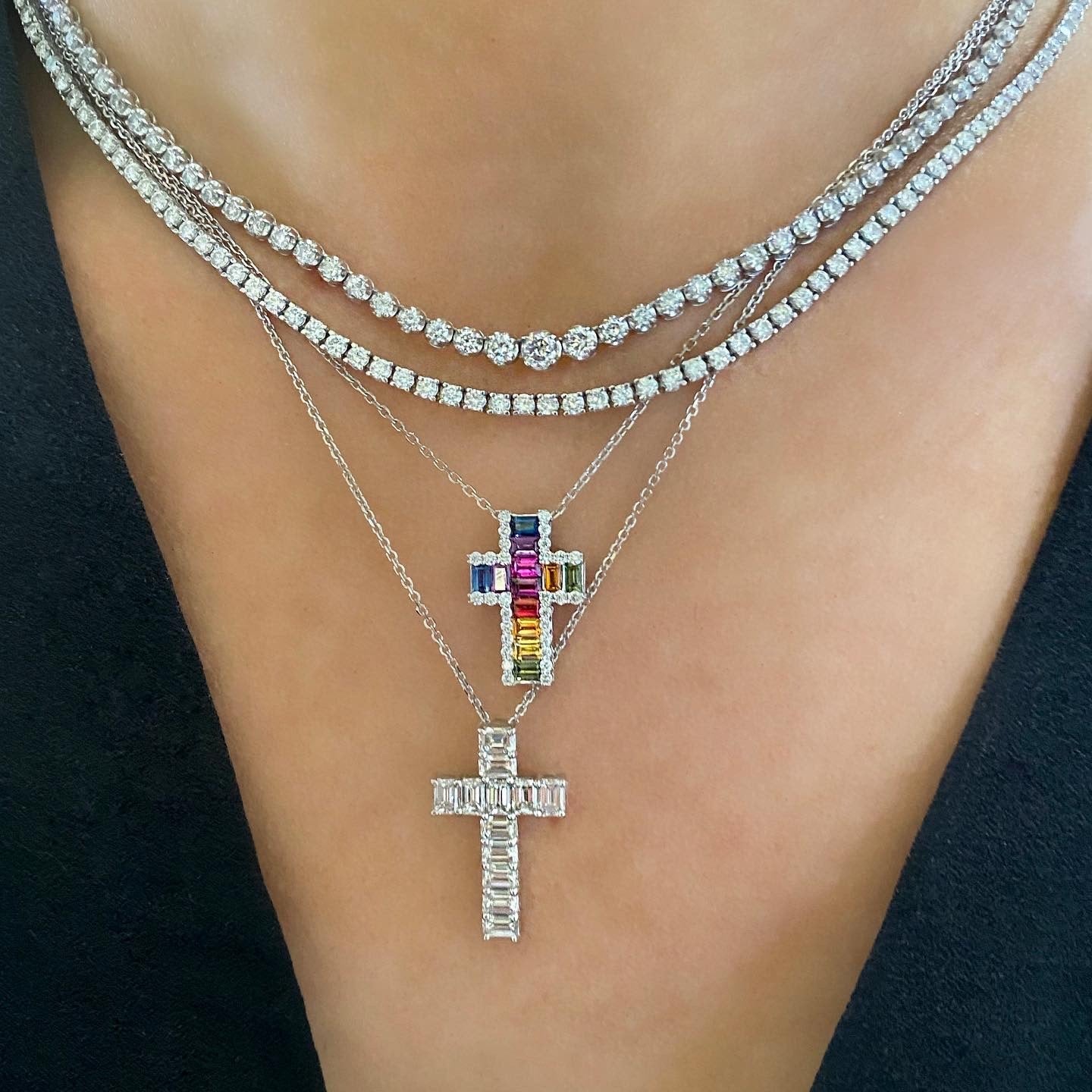 Emerald Cut Diamond Cross Necklace