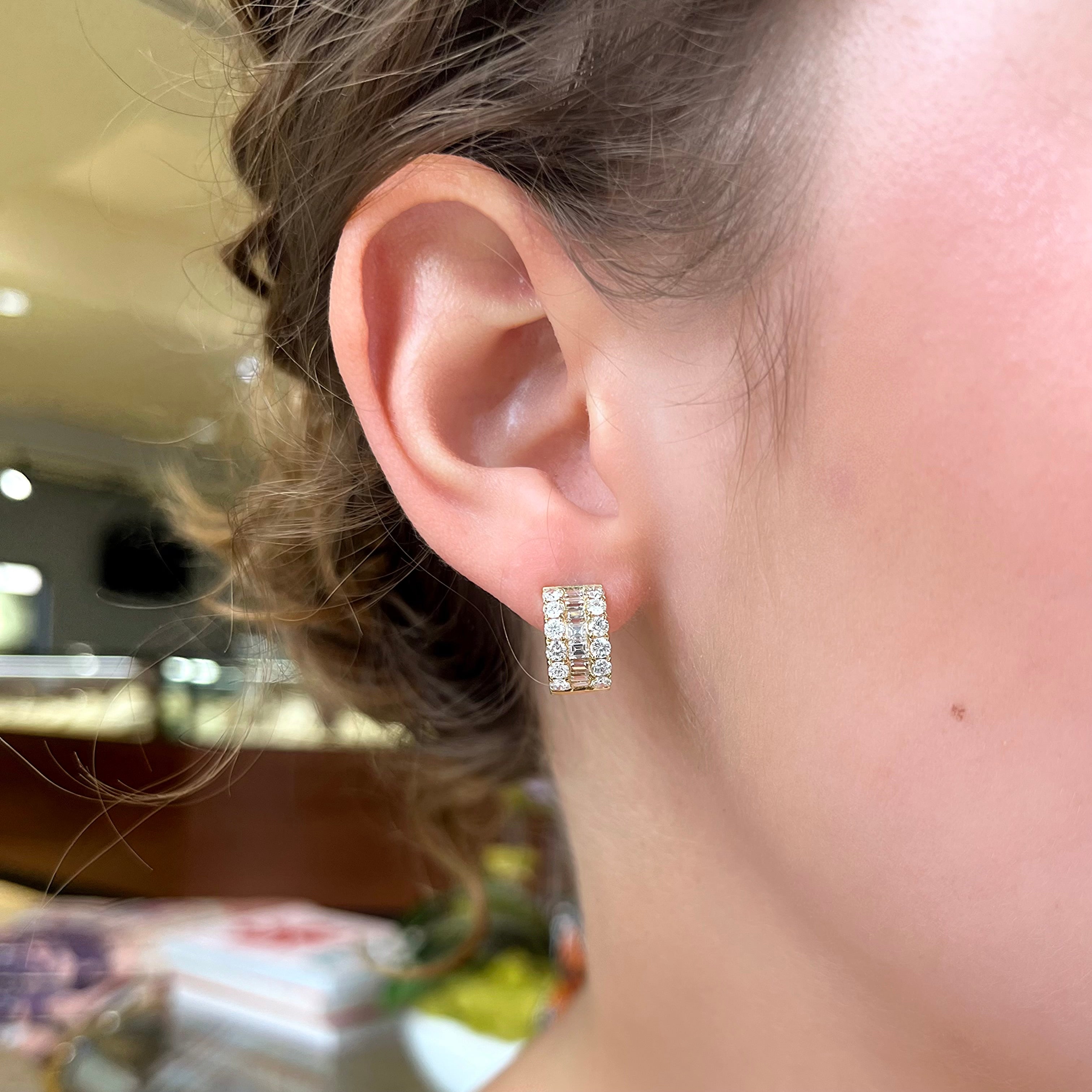 Baguette and Round Diamond Huggie Earrings