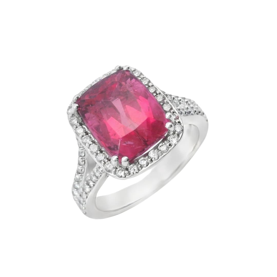 Cushion Cut Pink Tourmaline and Diamond Ring