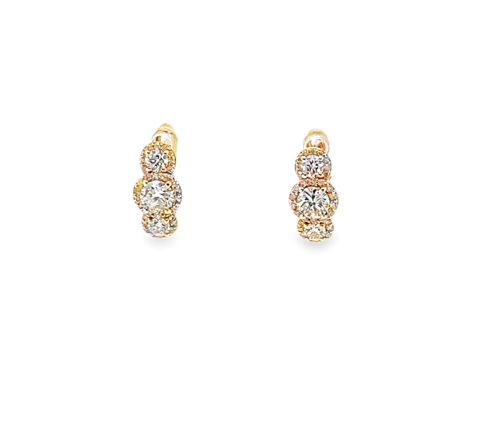 Yellow Gold Three-Stone Diamond Halo Drop Earrings