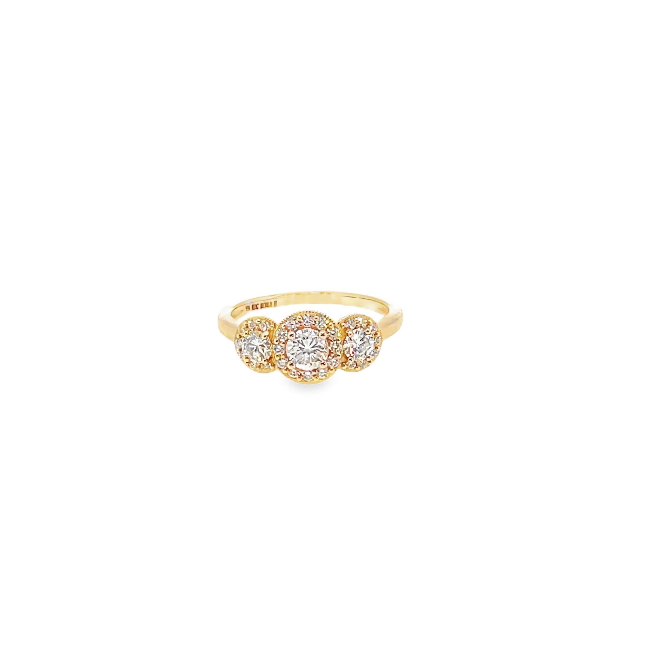Three-Stone Diamond Halo Ring in Yellow Gold