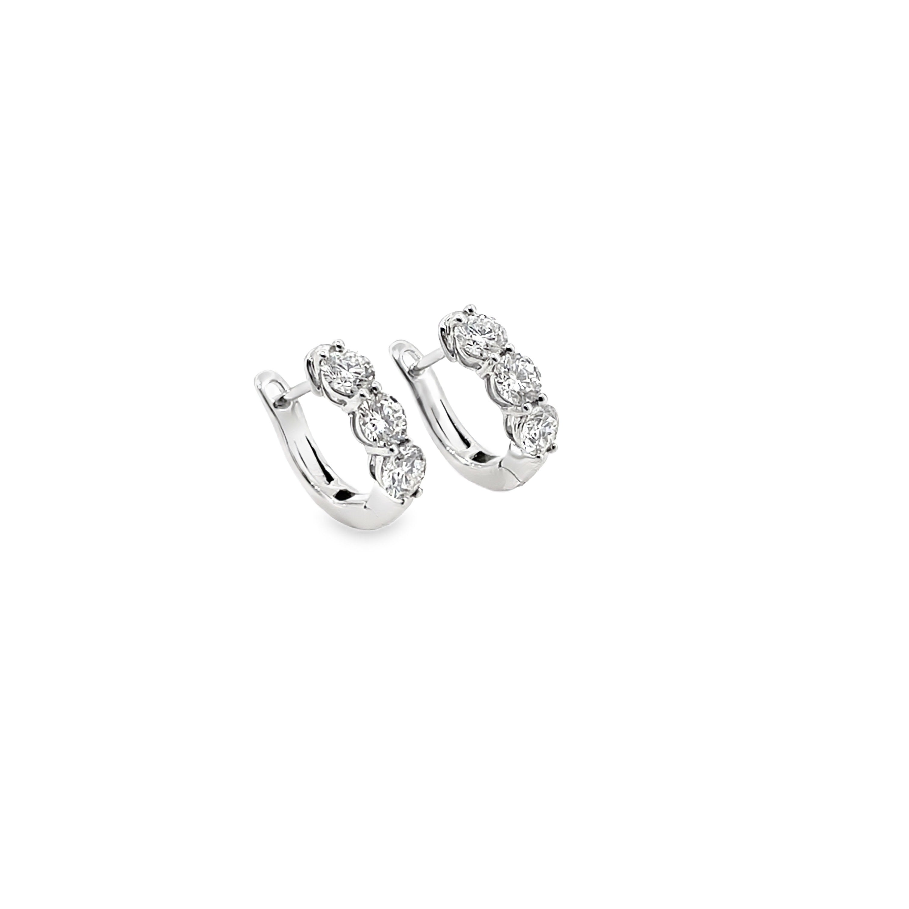 Three-Stone Diamond Hoop Earrings in White Gold