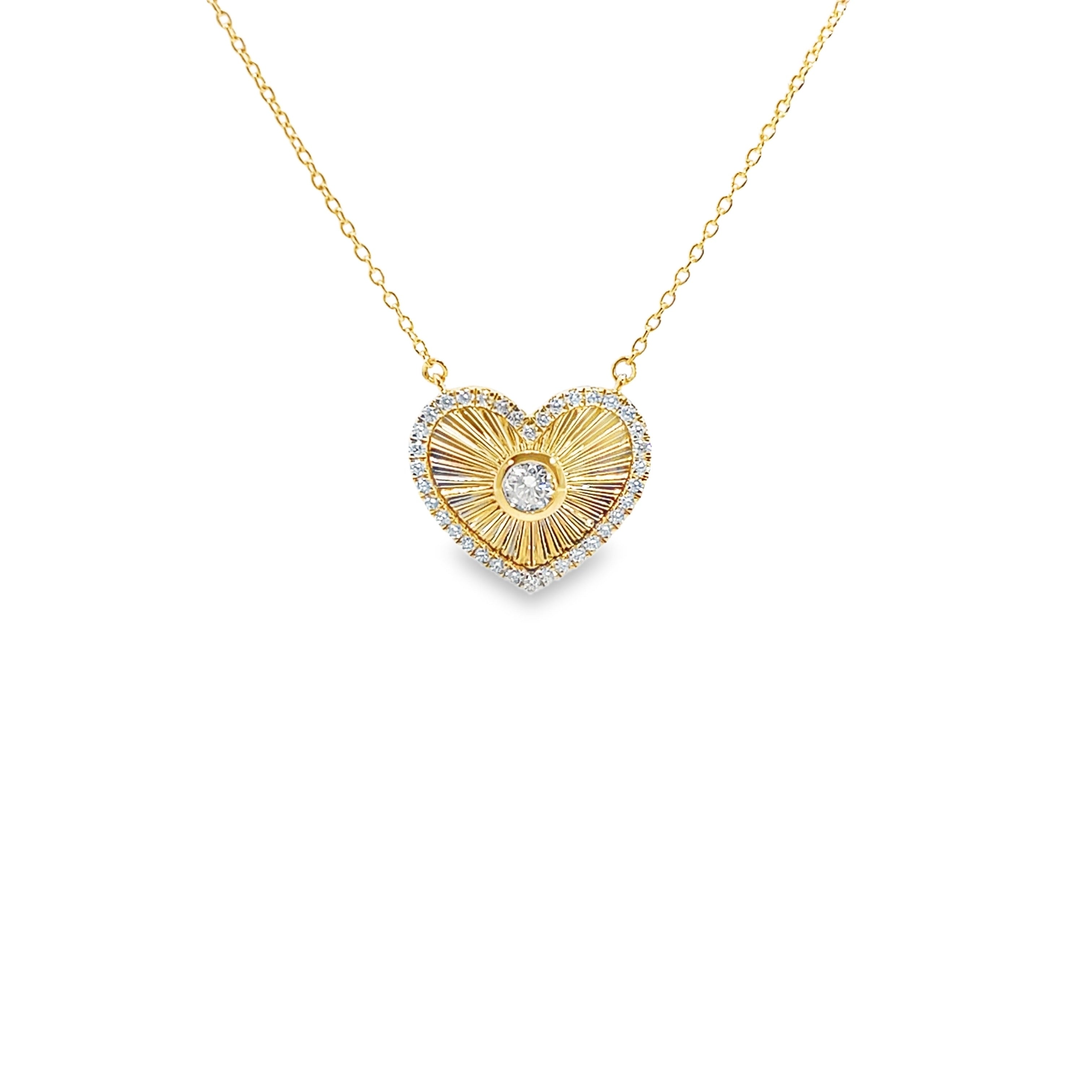 Yellow Gold Diamond Sunburst Heart Charm Necklace
