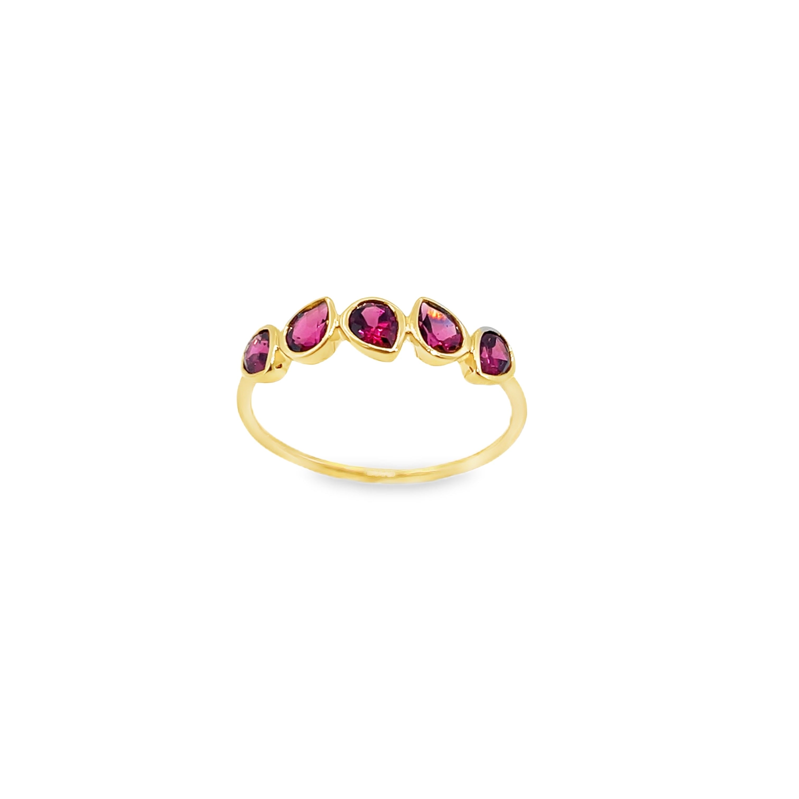 Yellow Gold Tilted Pear-Cut Garnet Five-Stone Stackable Ring