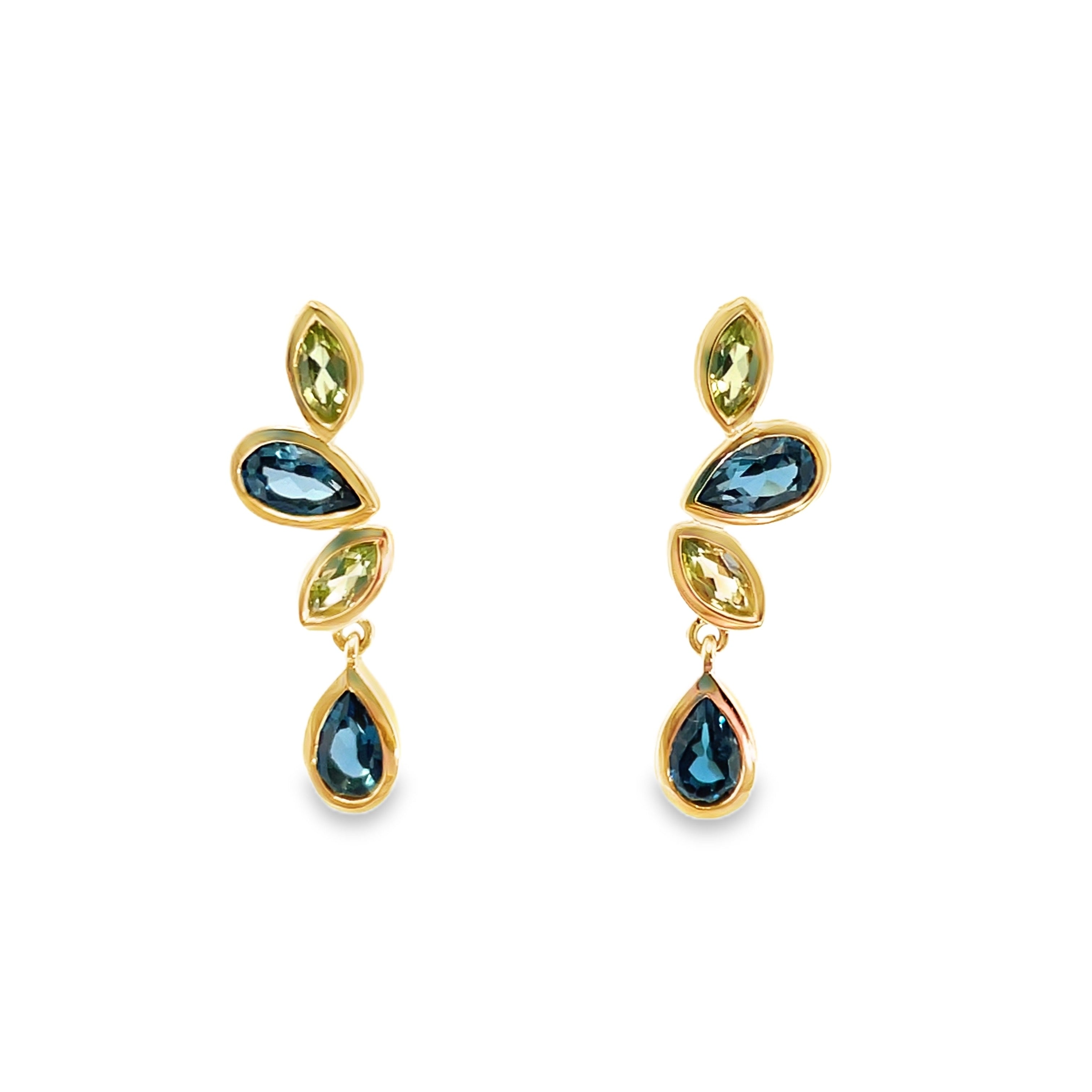 Yellow Gold Blue Topaz and Peridot Leaf Motif Drop Earrings