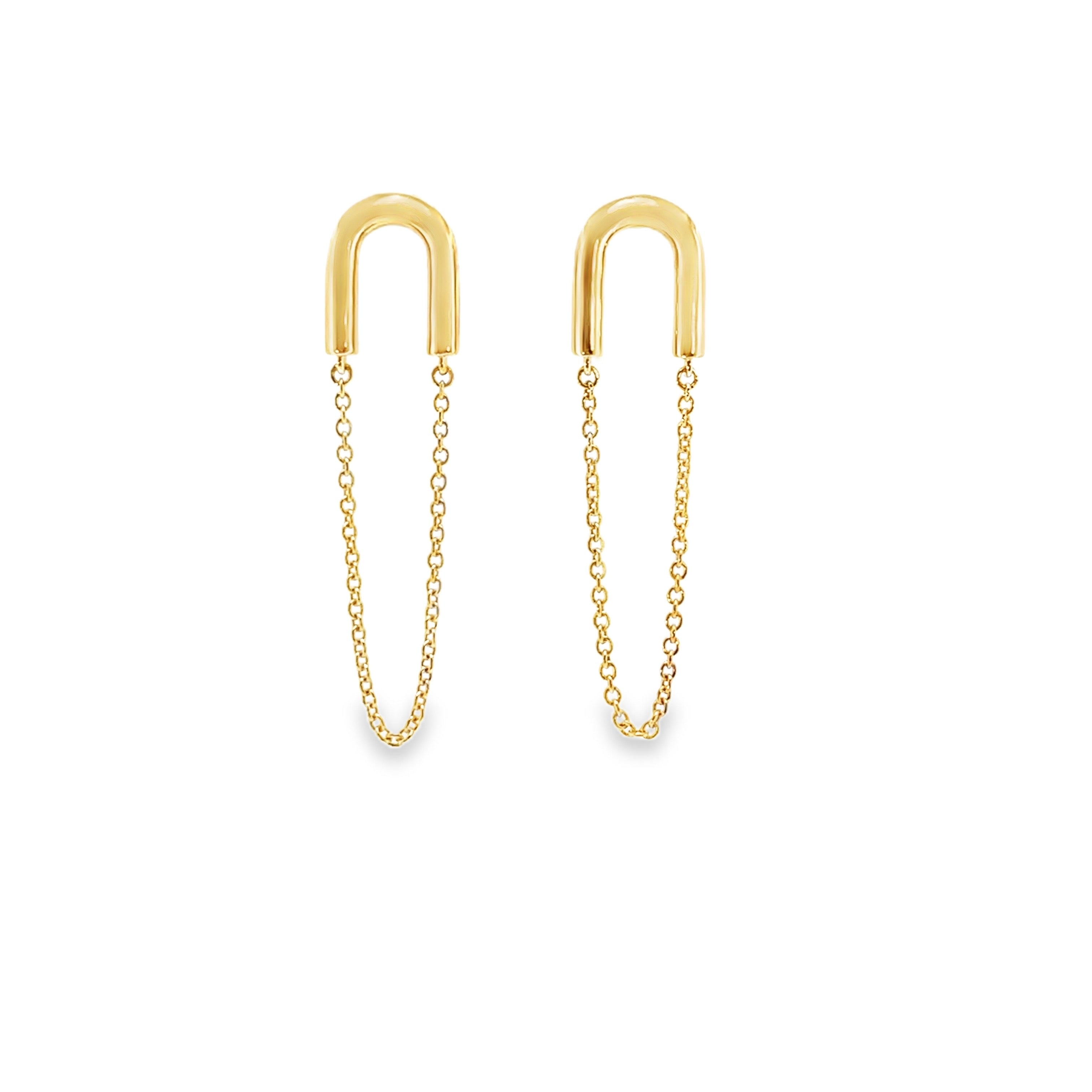 Modern Yellow Gold Arch and Chain Dangle Earrings