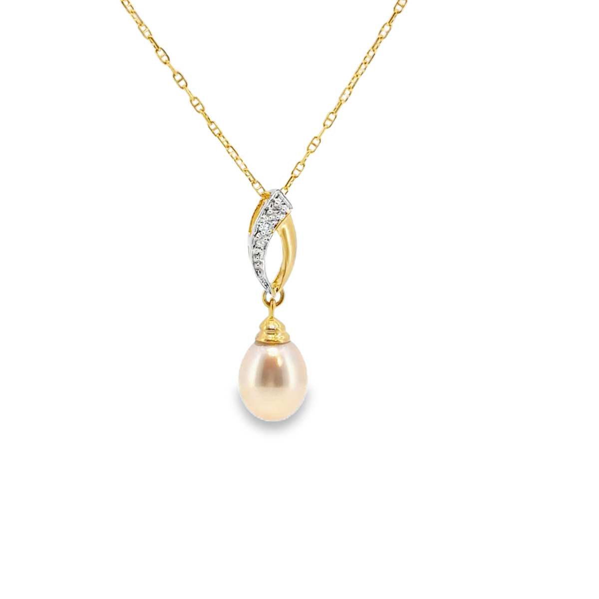 Yellow Gold Pearl and Diamond Drop Charm Necklace
