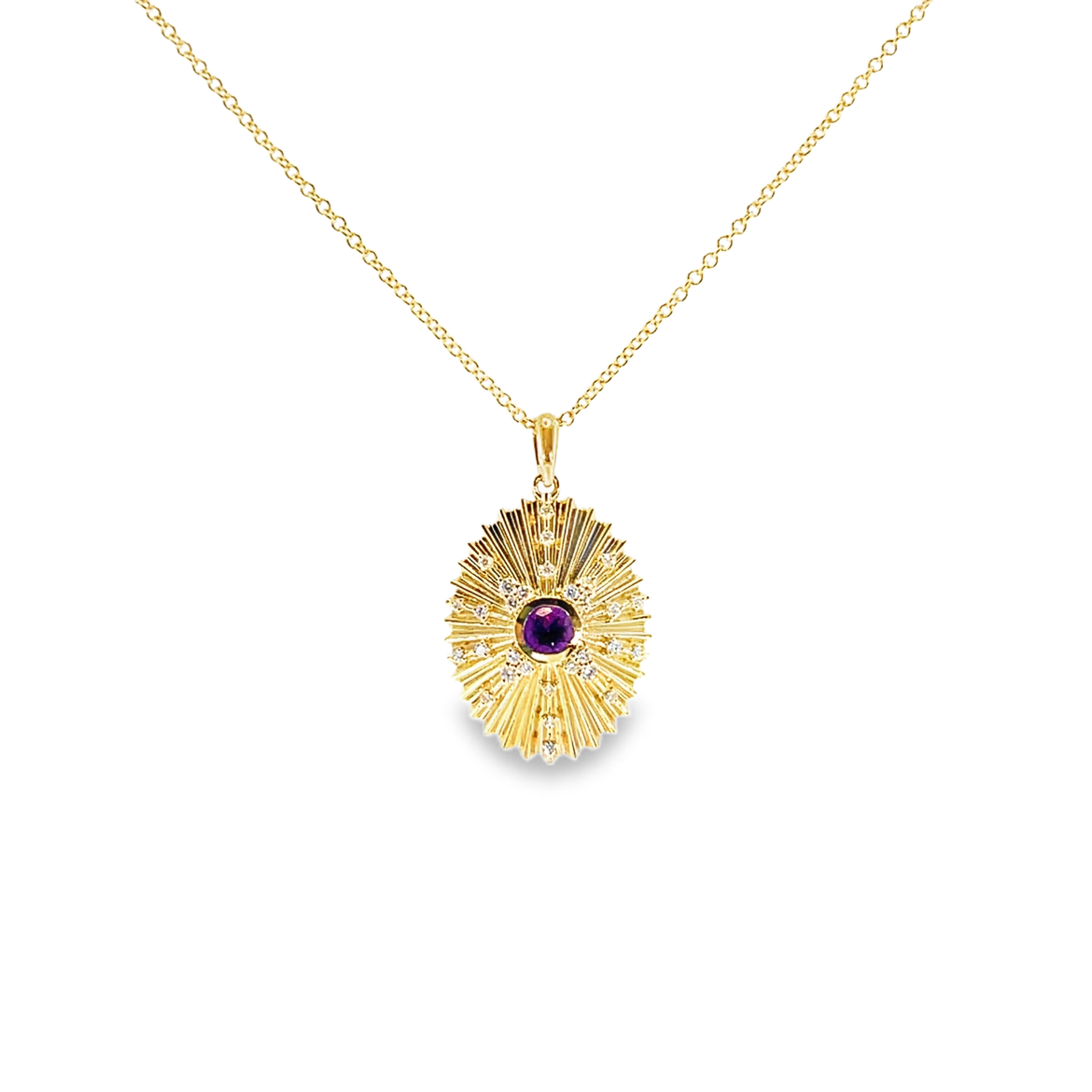 Yellow Gold Amethyst Sunburst Charm Necklace