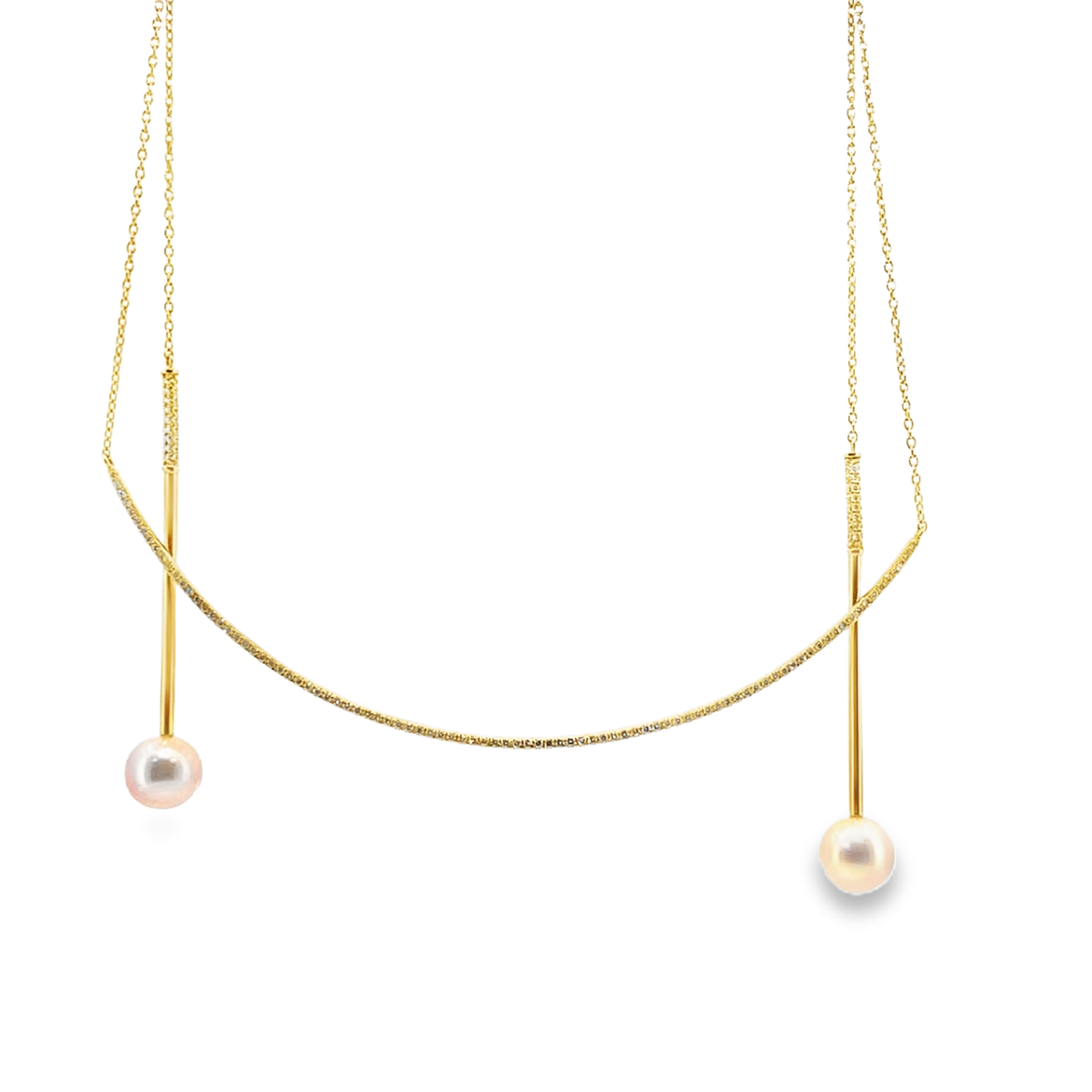 Yellow Gold Curved Diamond Bar Layered Necklace with Pearls