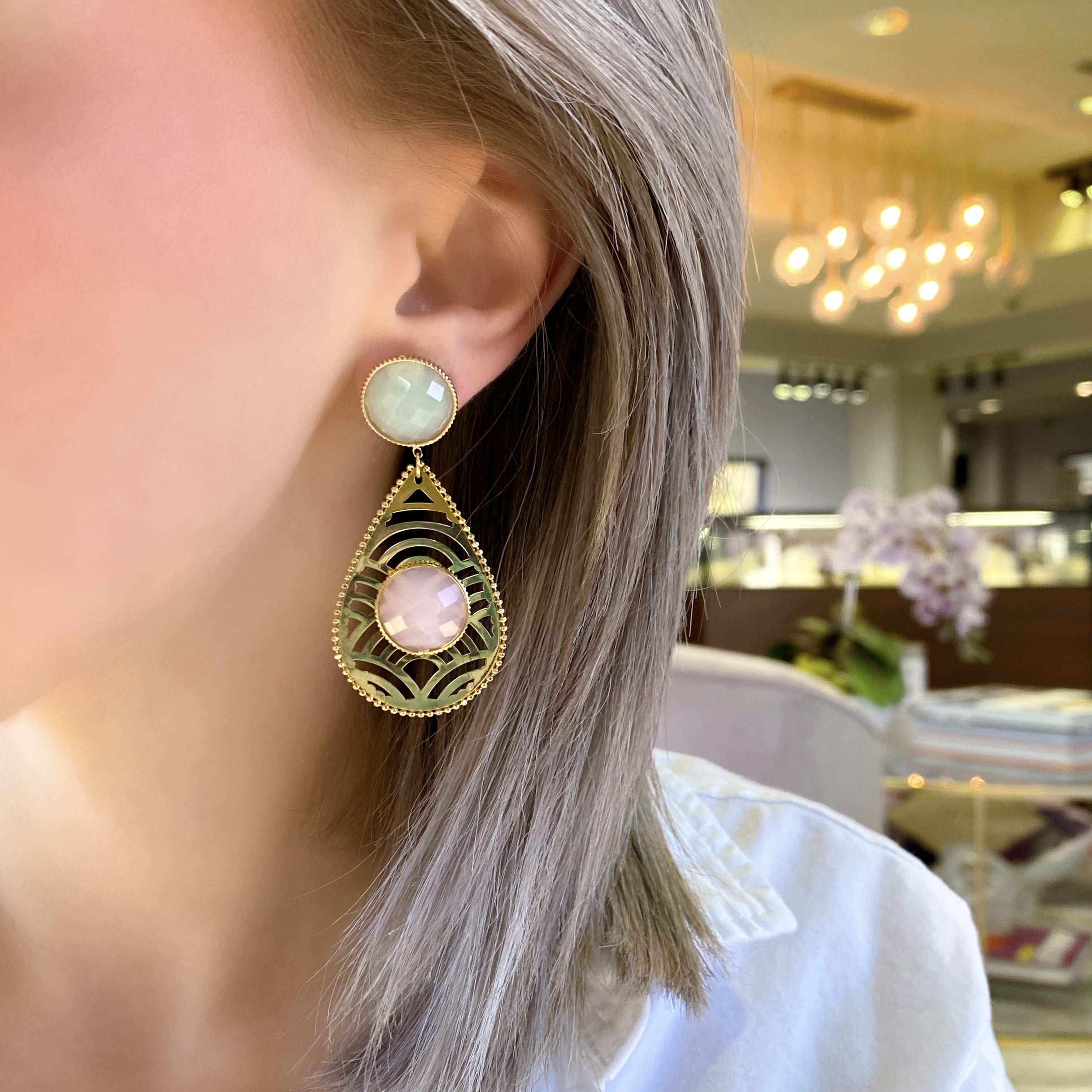 Green and Rose Quartz Statement Earrings