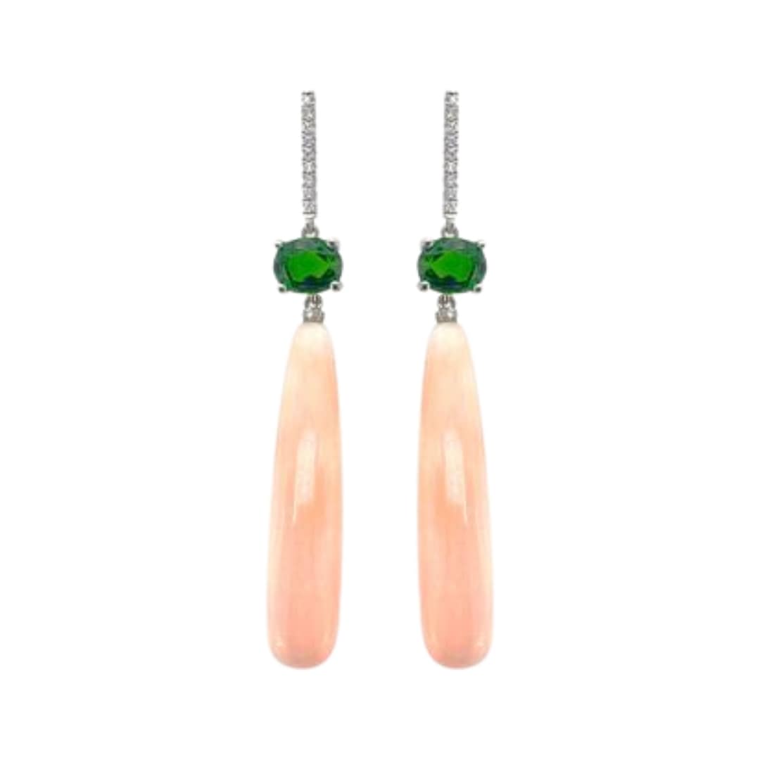 Pink Coral and Tsavorite Diamond Drop Earrings