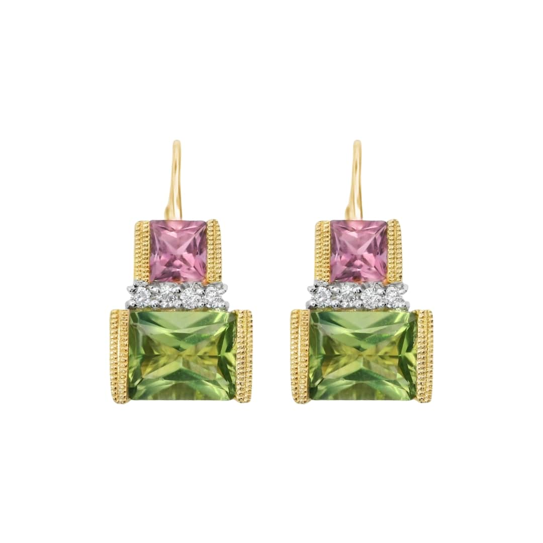 Peridot Pink Tourmaline and Diamond Earrings