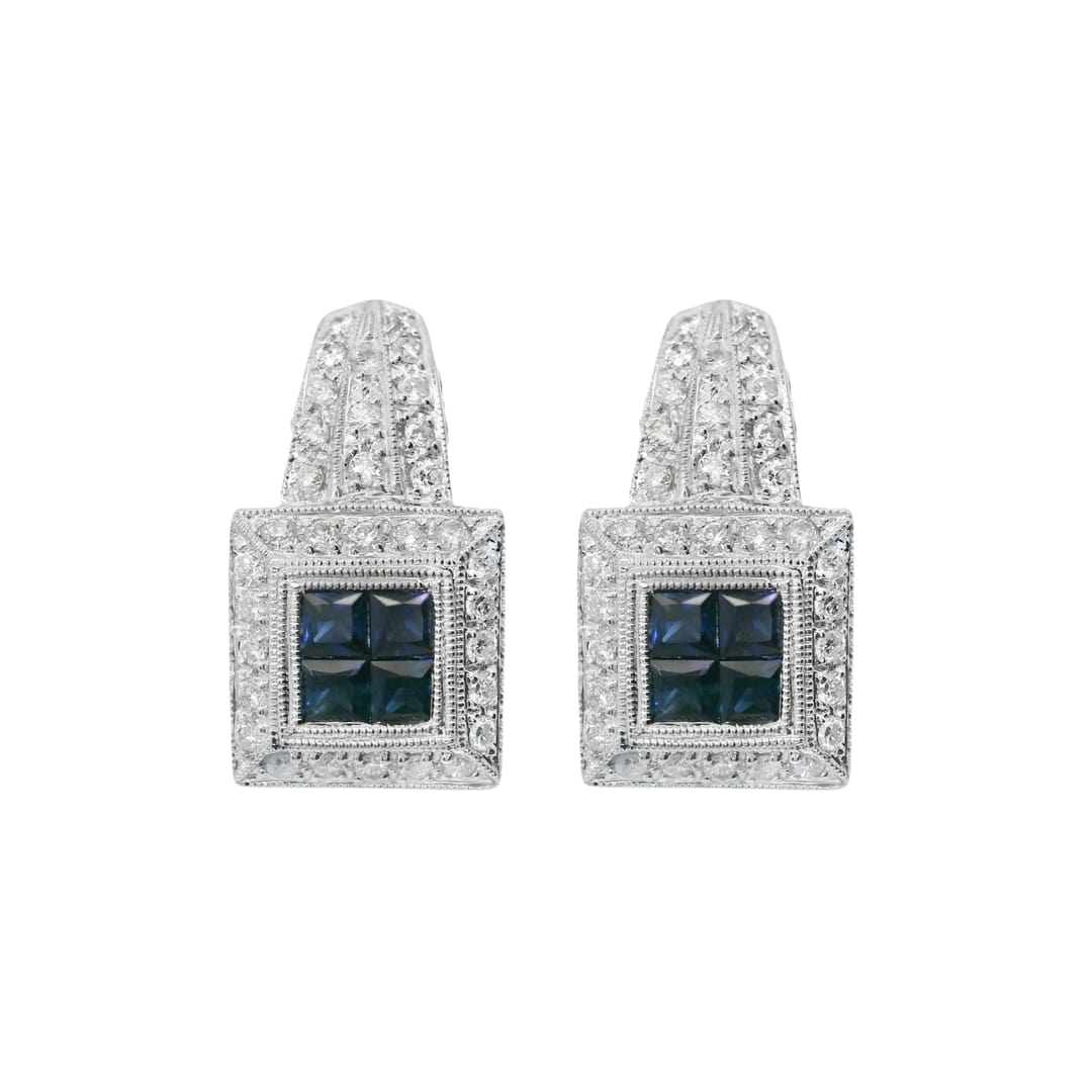 Princess Cut Sapphire and Diamond Earrings