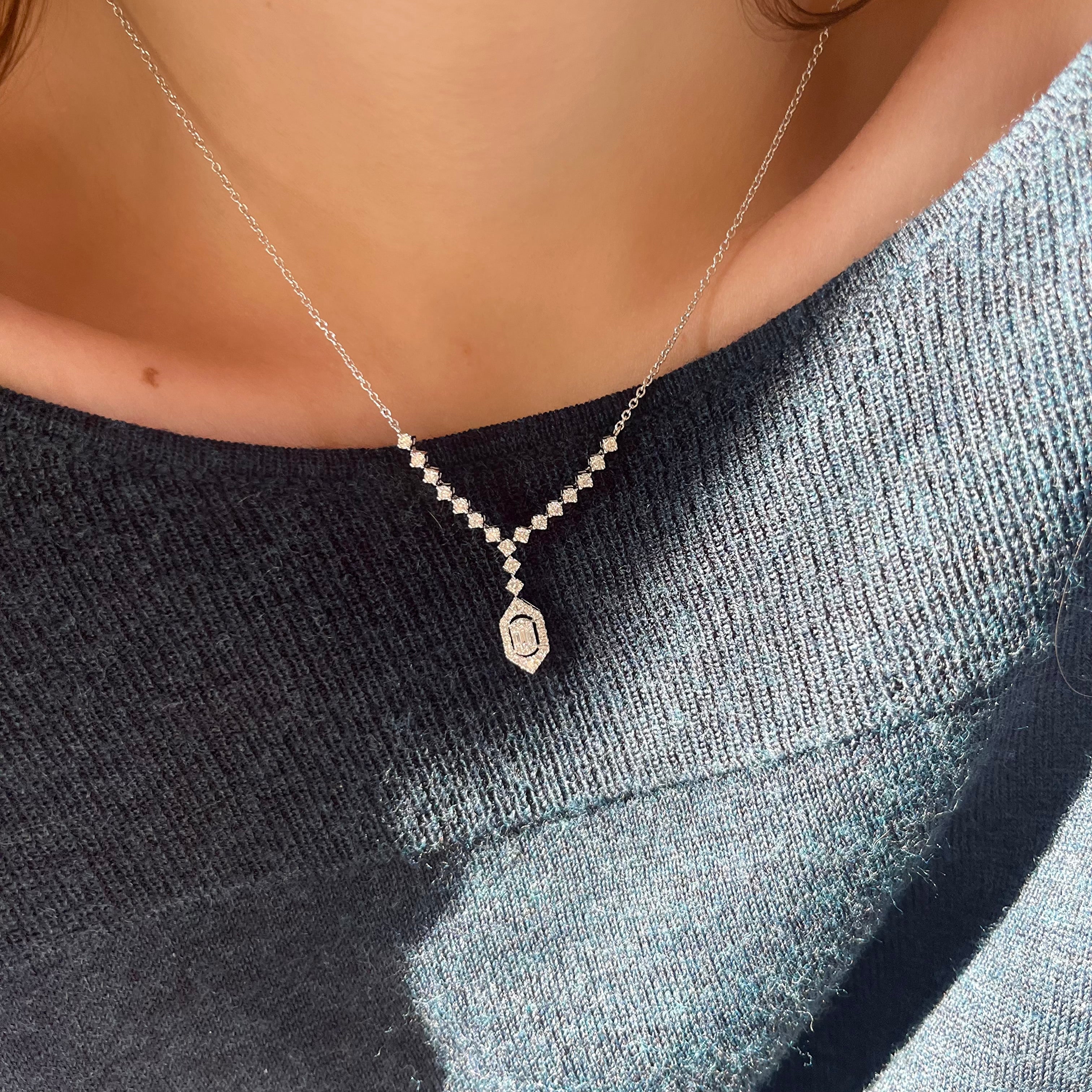 Baguette and Round Diamond Drop Necklace