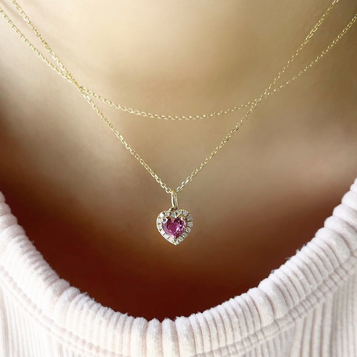 Pink Sapphire and Diamond Heart Necklace