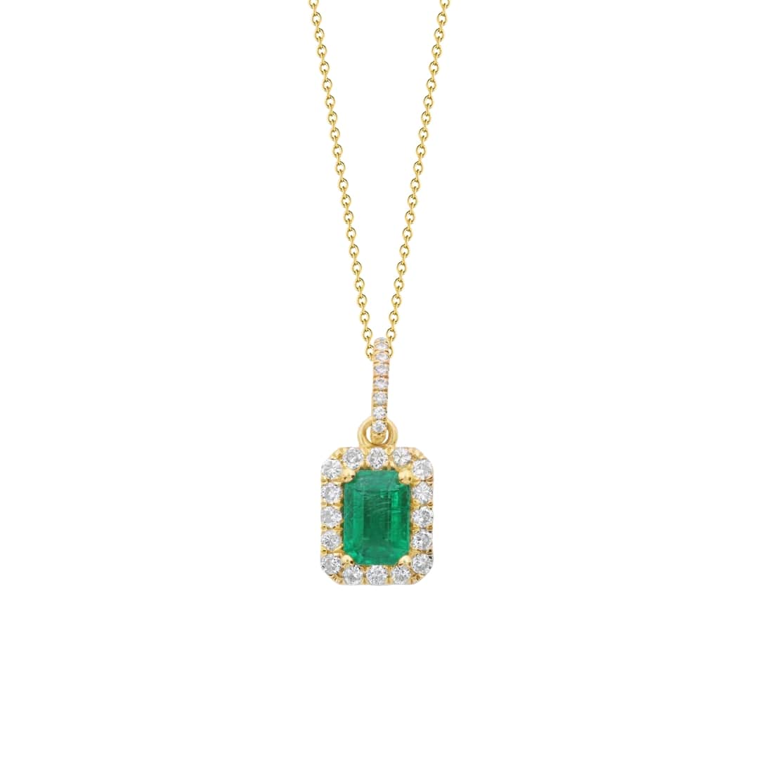 Emerald and Diamond Halo Pendant Necklace
