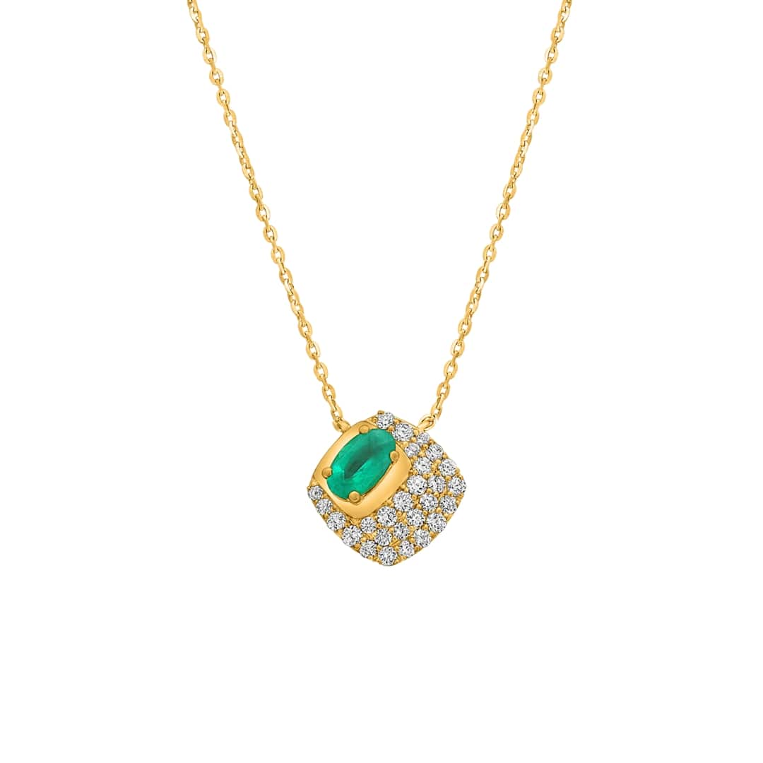 Bezel Set Emerald and Diamond Cluster Necklace