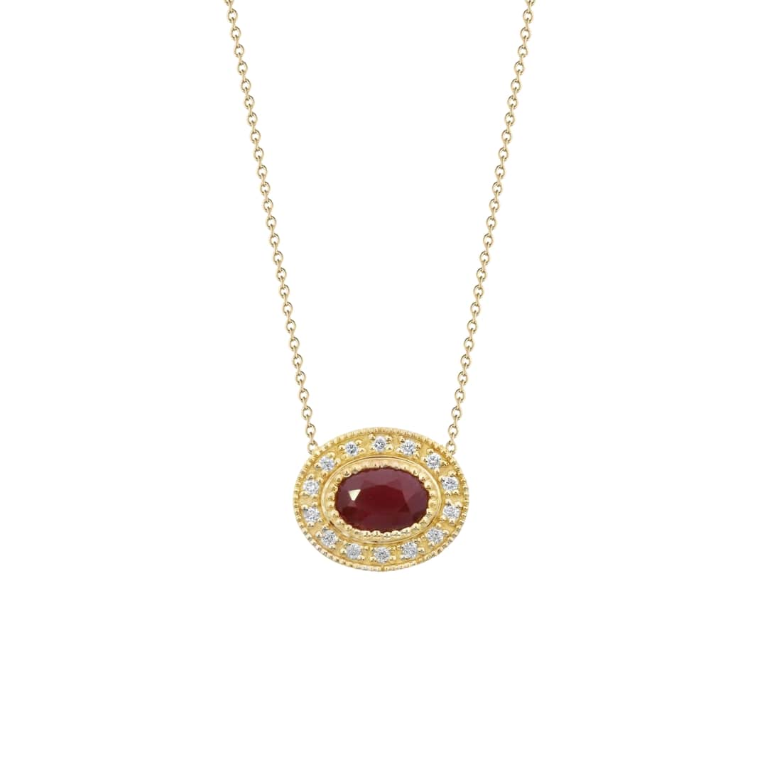 Oval Ruby and Diamond Halo Necklace