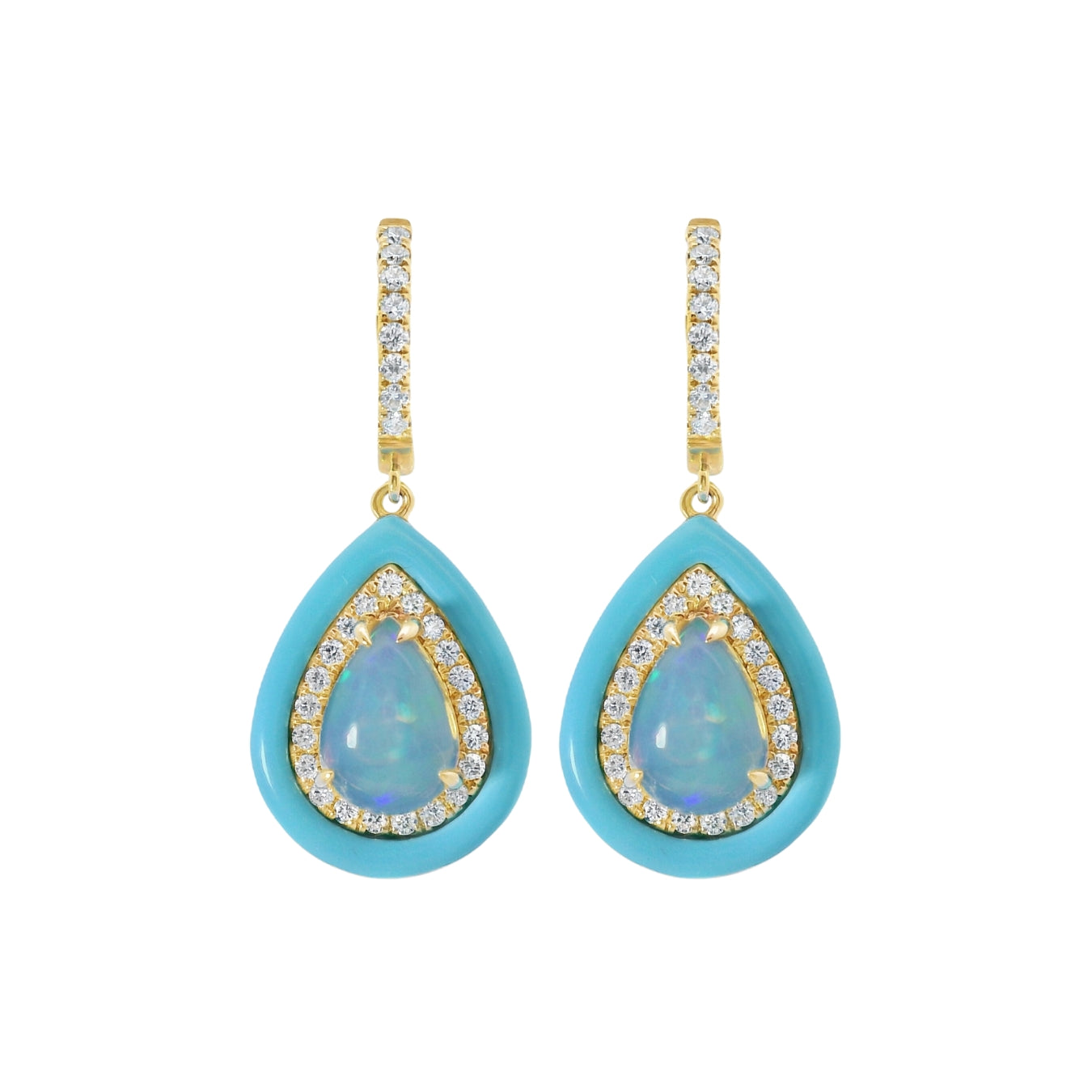 Pear Shape Opal, Diamond and Turquoise Enamel Earrings