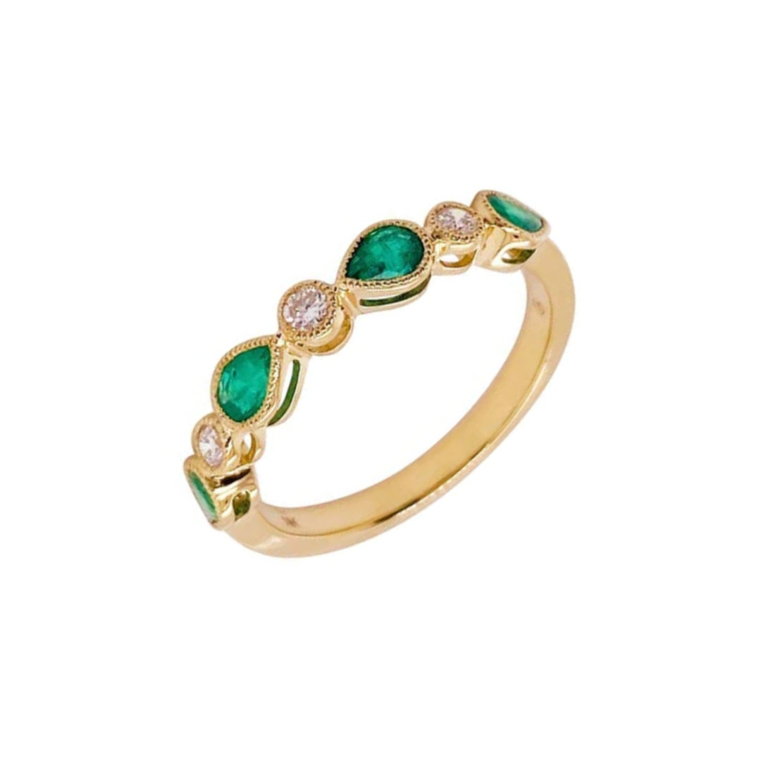 Bezel Set Pear Shape Emerald and Diamond Ring