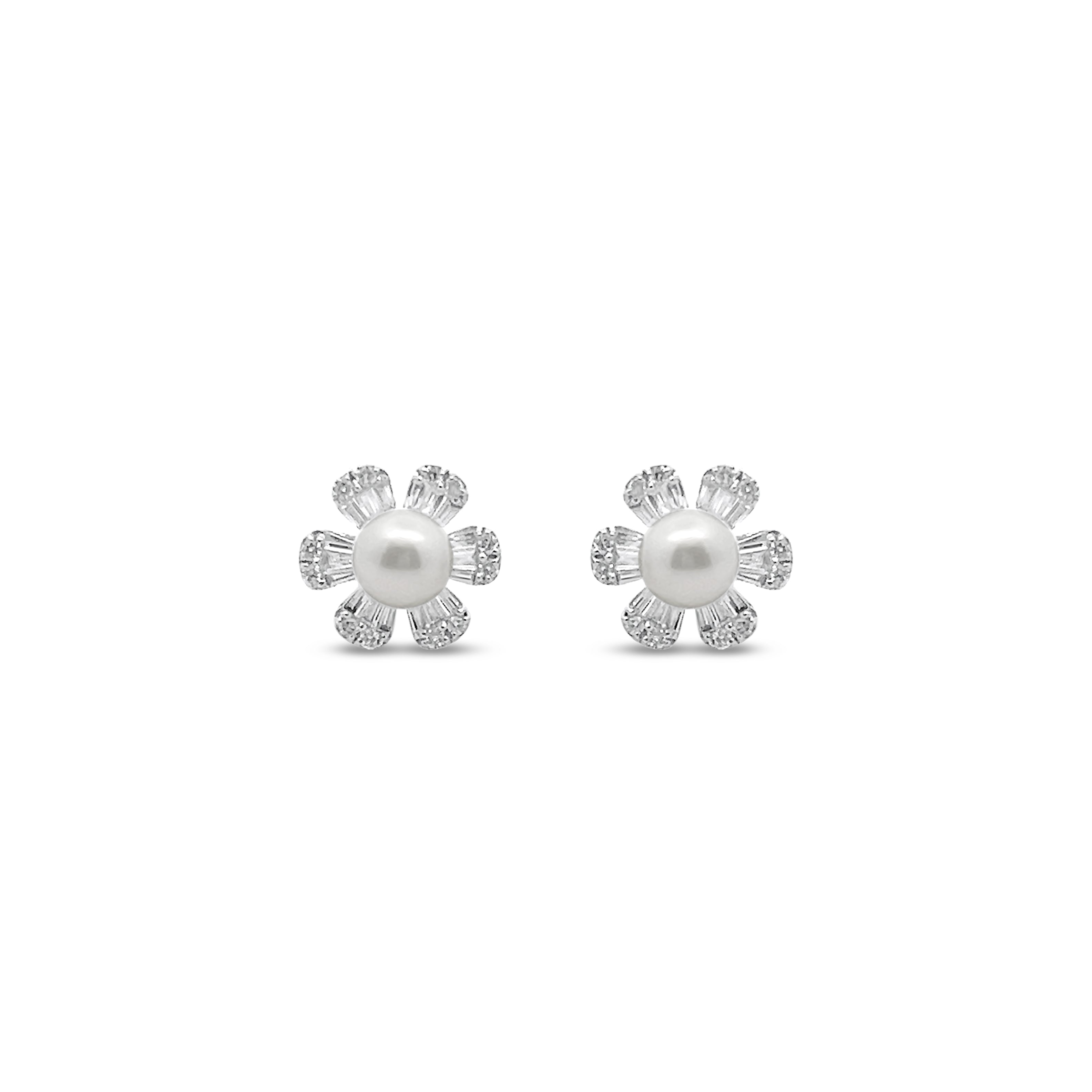 Diamond and Flower Pearl Earrings