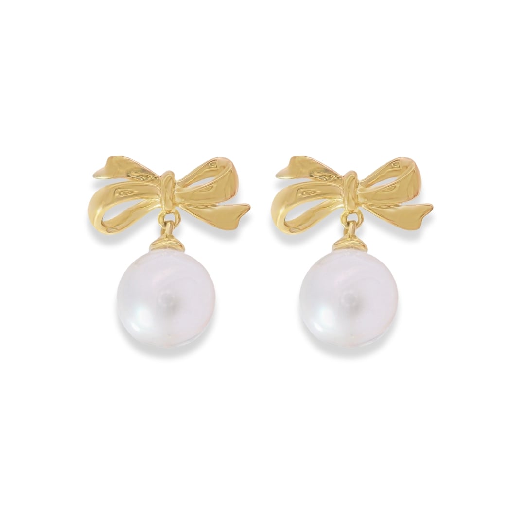 Gold Bow and Pearl Earrings