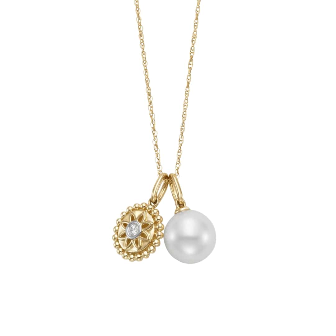Diamond Flower and Pearl Charm Necklace