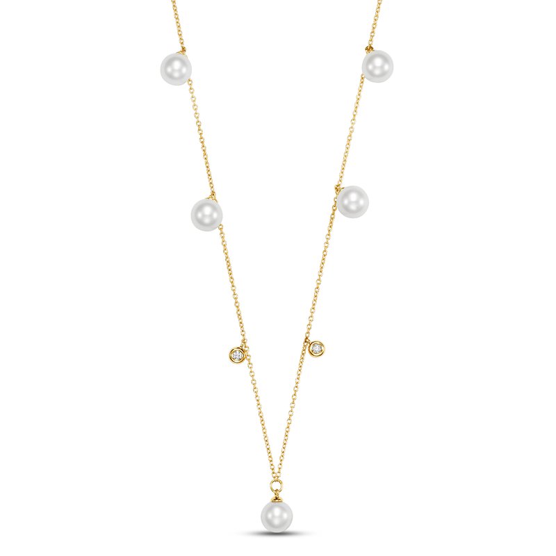 Bezel Diamond and Pearl Station Necklace