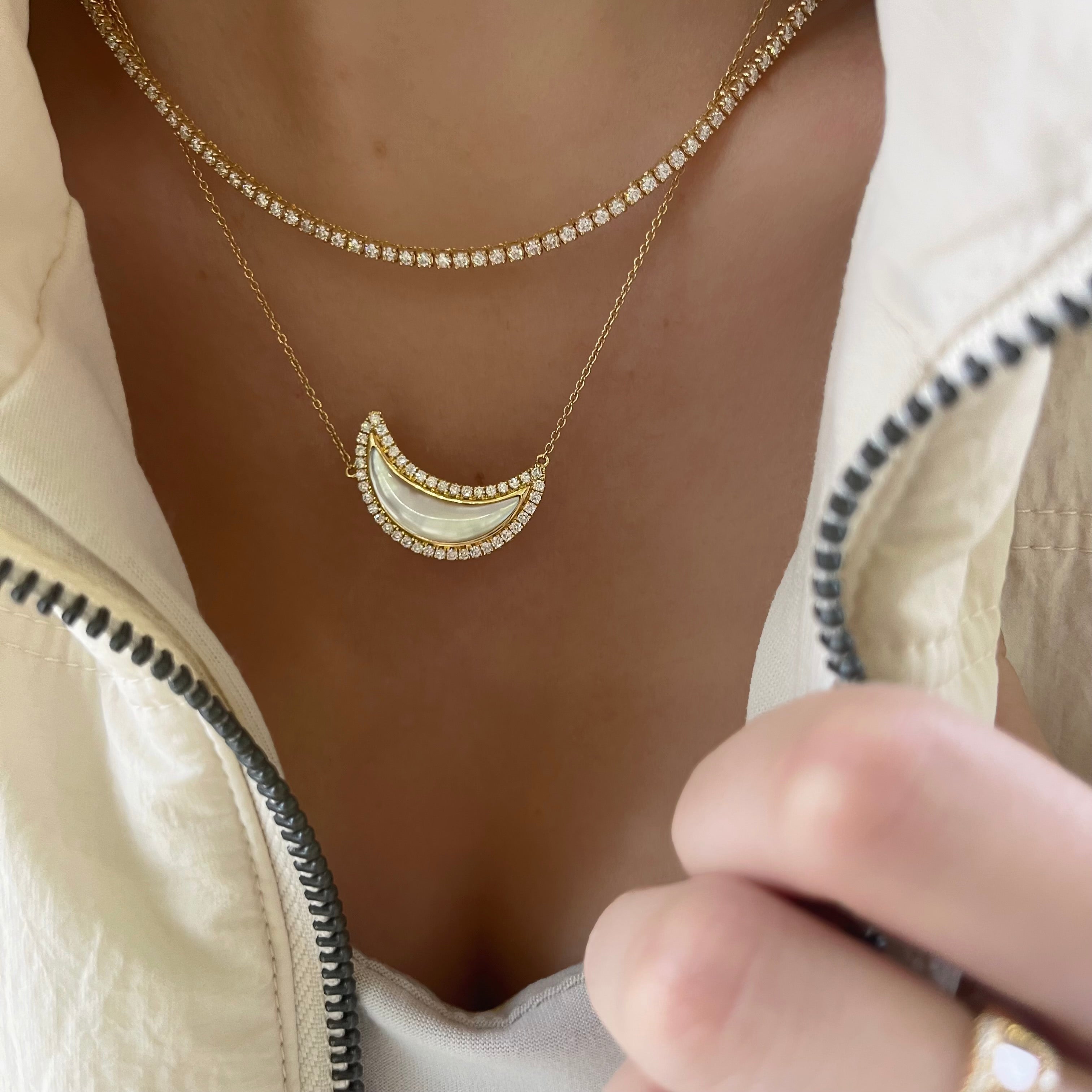 Mother of Pearl and Diamond Crescent Moon Necklace