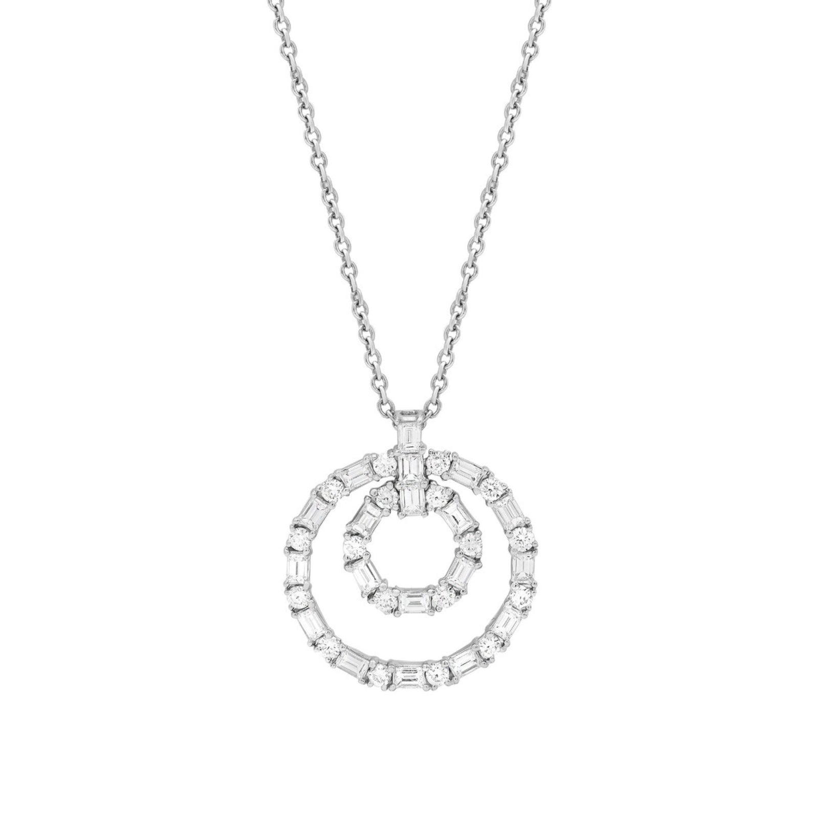 Baguette and Round Double Circle Pendant Necklace