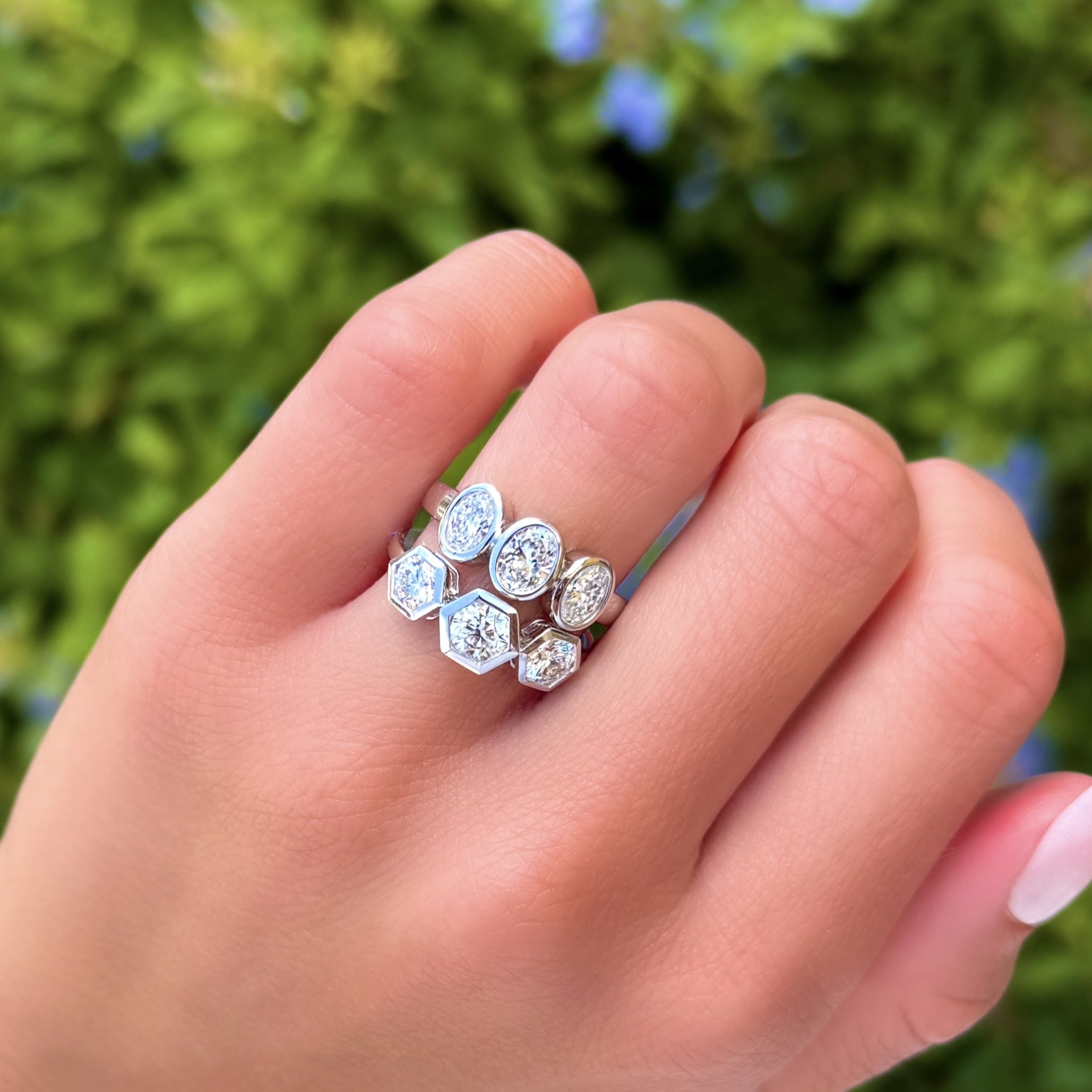 3 Stone Diamond Hexagon Bezel Ring