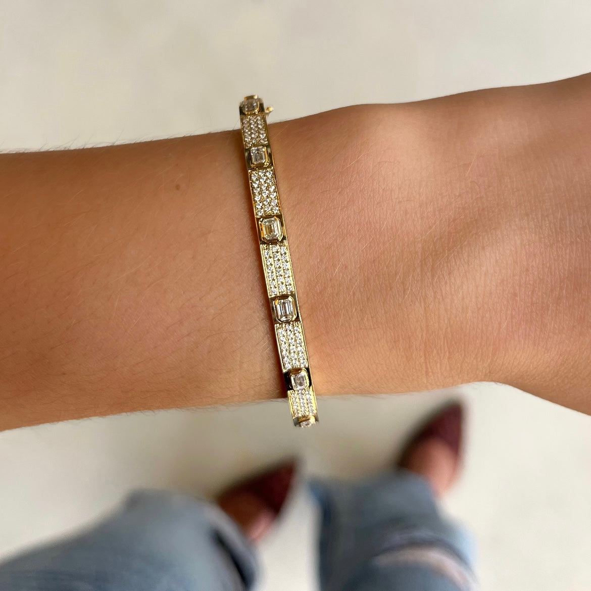 Emerald Cut and Pave Diamond Bangle