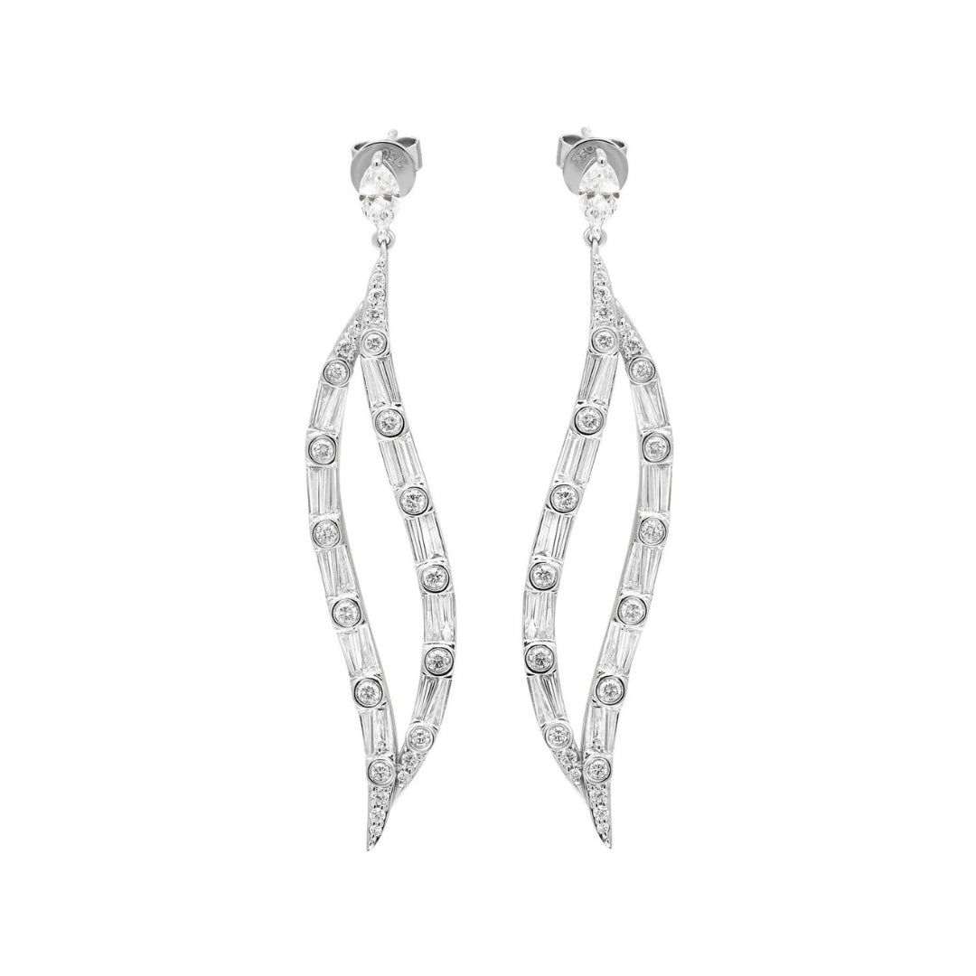 Wavy Marquise Baguette and Round Diamond Drop Earrings