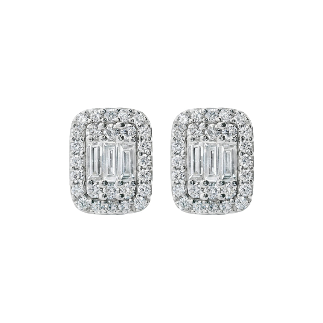 DIAMOND BAGGETTE AND ROUND CLUSTER EARRINGS- WHITE GOLD