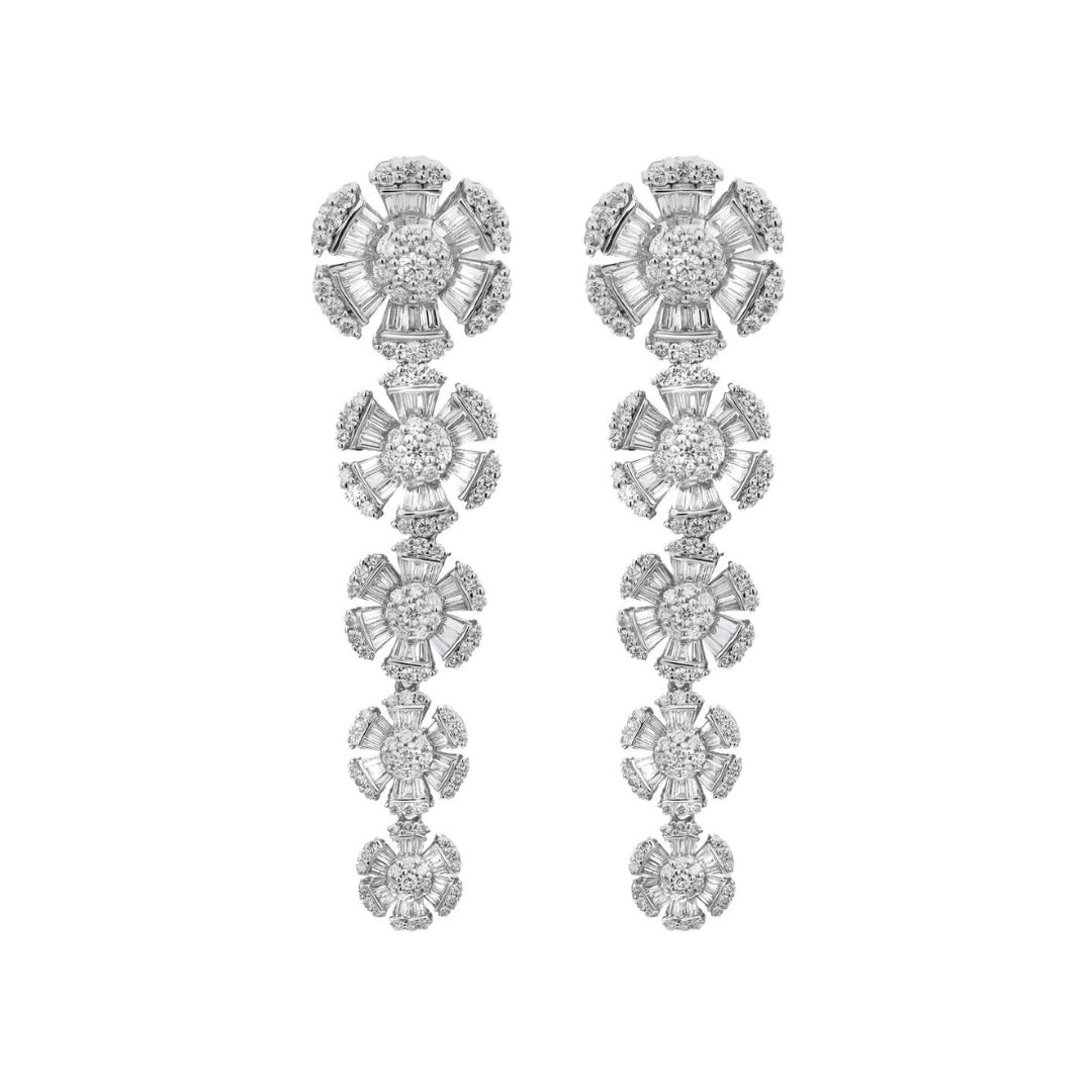 Graduating Baguette and Round Diamond Flower Earrings