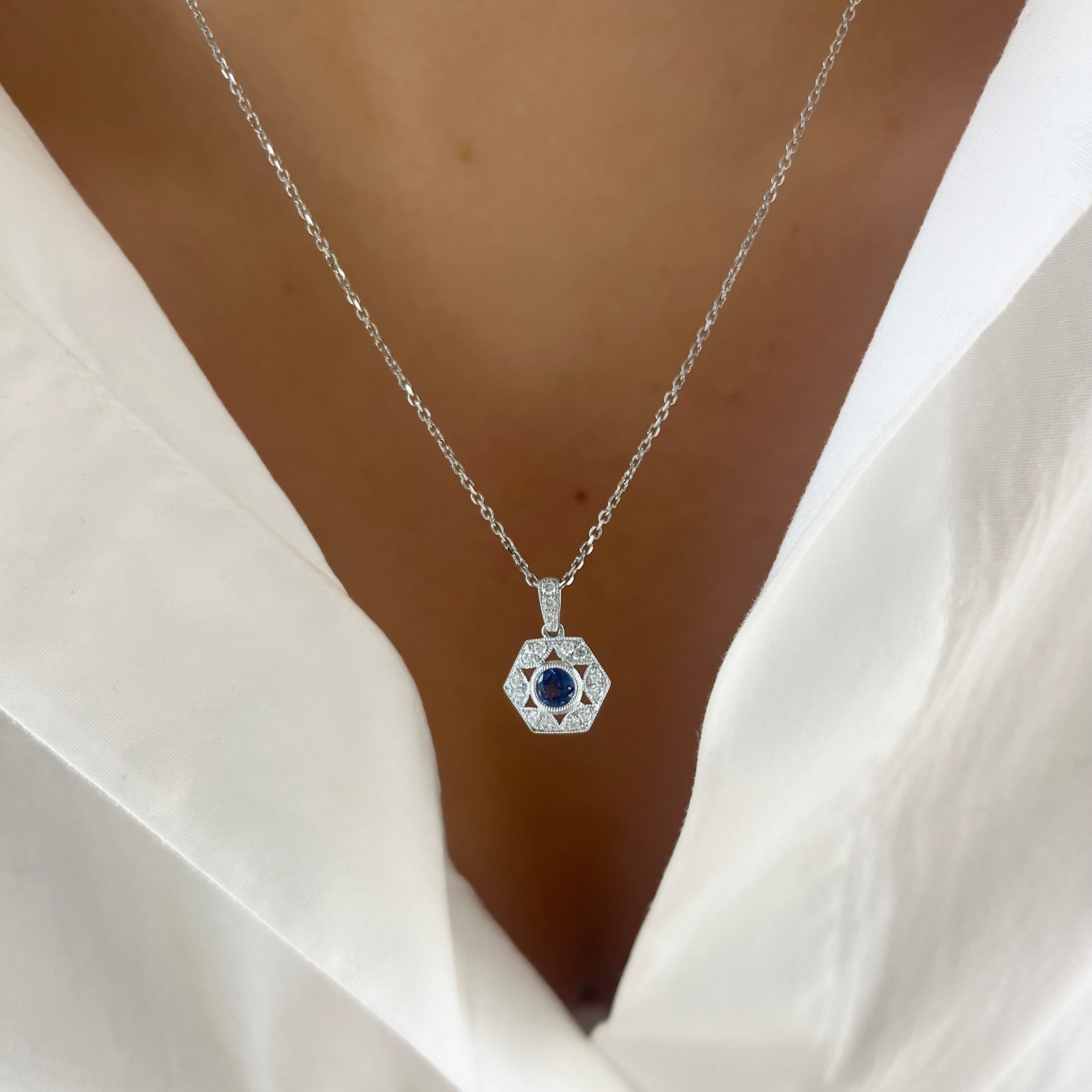 Sapphire and Diamond Hexagon Necklace